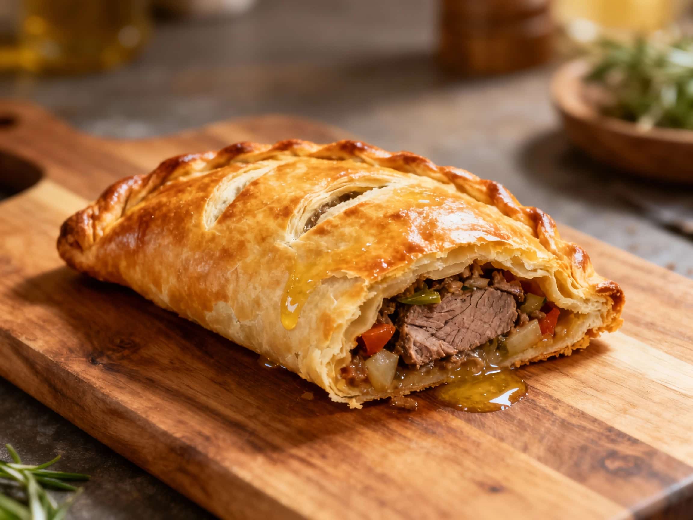 Golden brown puff pastry encases a savory filling, baked to perfection and presented elegantly on a rustic wooden board, hinting at a comforting and delicious meal.