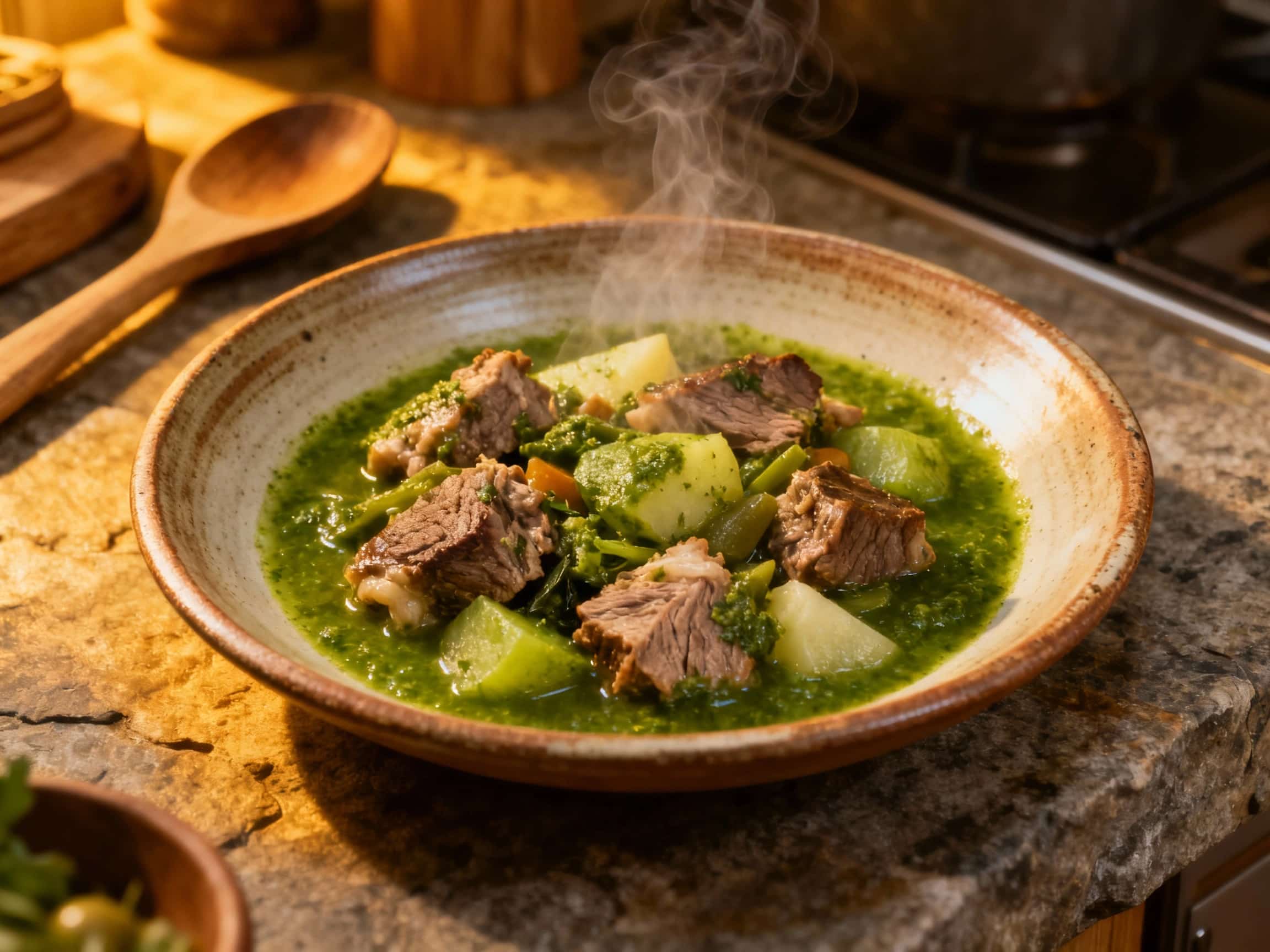 A vibrant green stew, Cozido Verde, is served in a rustic earthenware bowl, brimming with tender vegetables and garnished with fresh herbs.