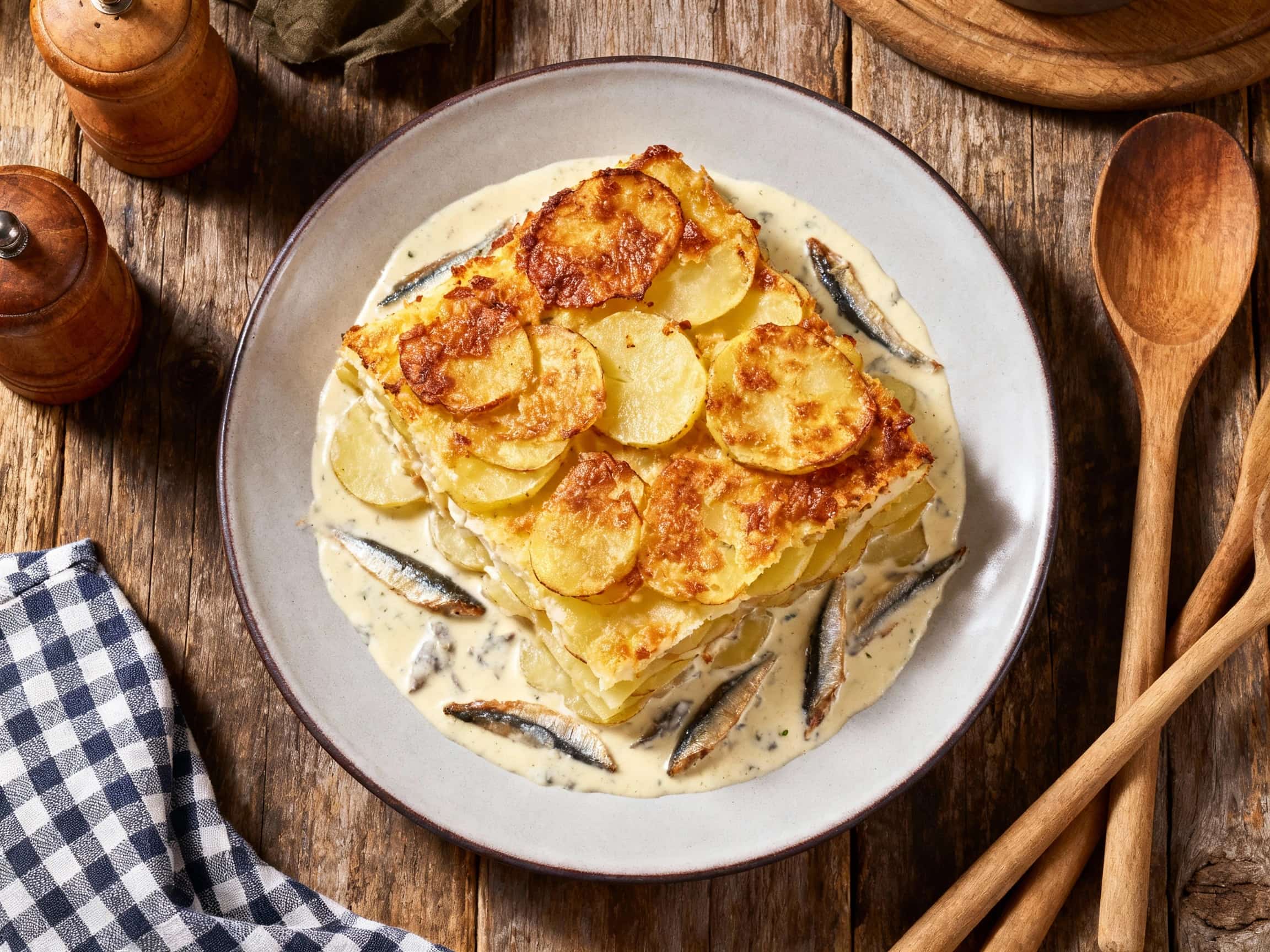 A rustic, golden-brown potato bake, bubbling and creamy with visible anchovy pieces, is finished with fresh parsley and served hot in a cast-iron skillet.