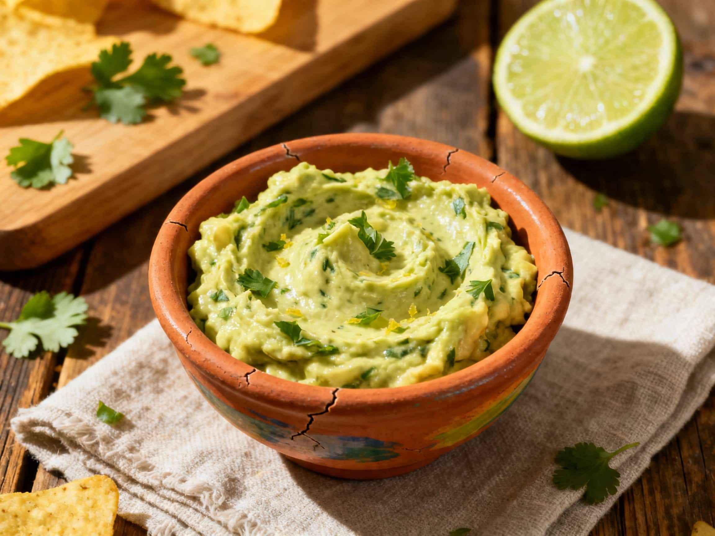 A vibrant green, creamy avocado dip, reminiscent of a silky guacamole, served in a charming white ceramic bowl. The dip is generously garnished with fresh green cilantro leaves and bright yellow-green lime wedges, adding a pop of color. Crunchy tortilla chips are arranged appealingly around the bowl, inviting you to dip. The warm, soft lighting highlights the smooth, rich texture of the dip, makin