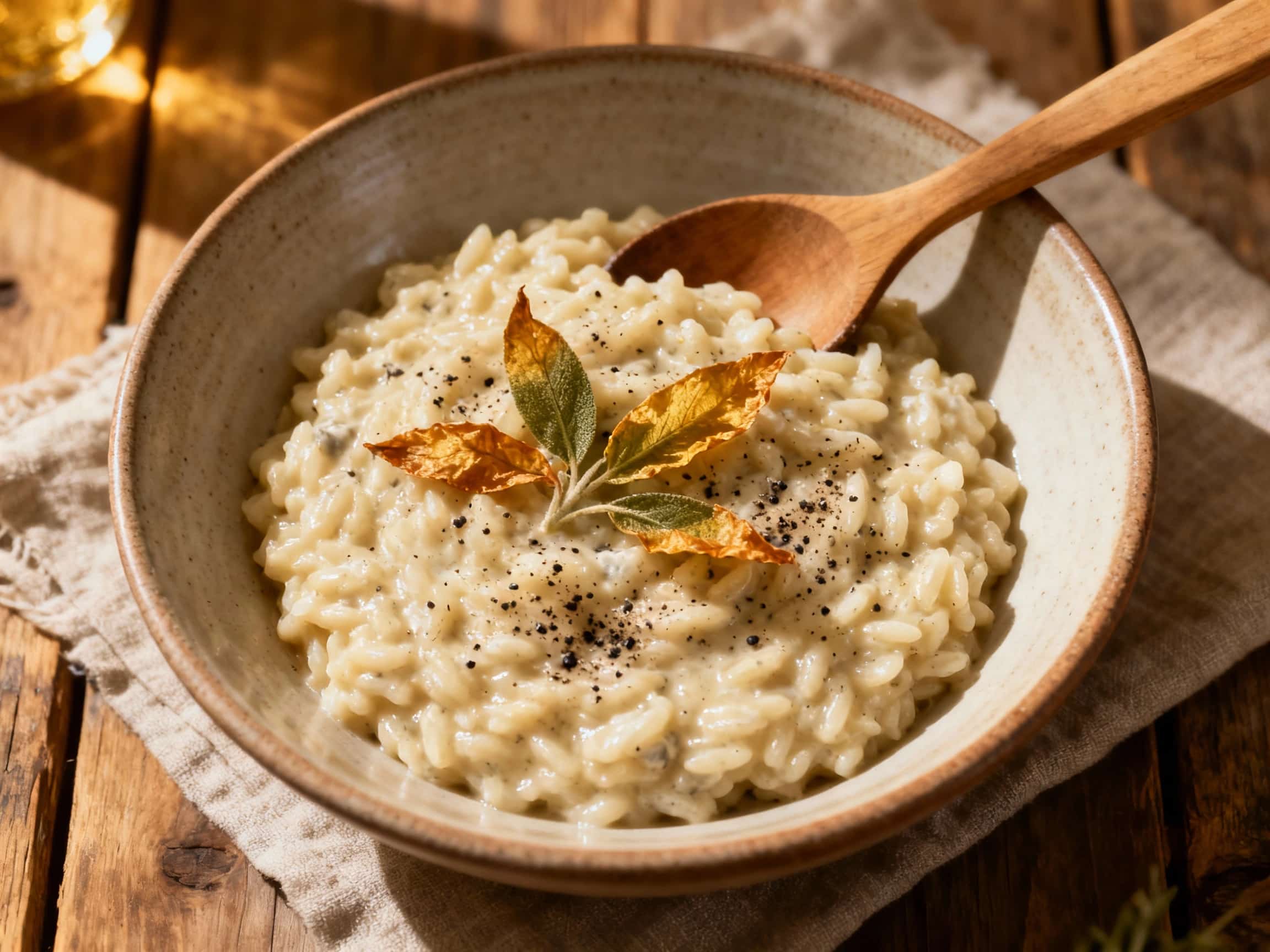 A shallow bowl showcases a glistening mound of creamy cacio e pepe risotto, perfectly emulsified with Pecorino Romano cheese and black pepper, topped with a sprinkle of fresh parsley.