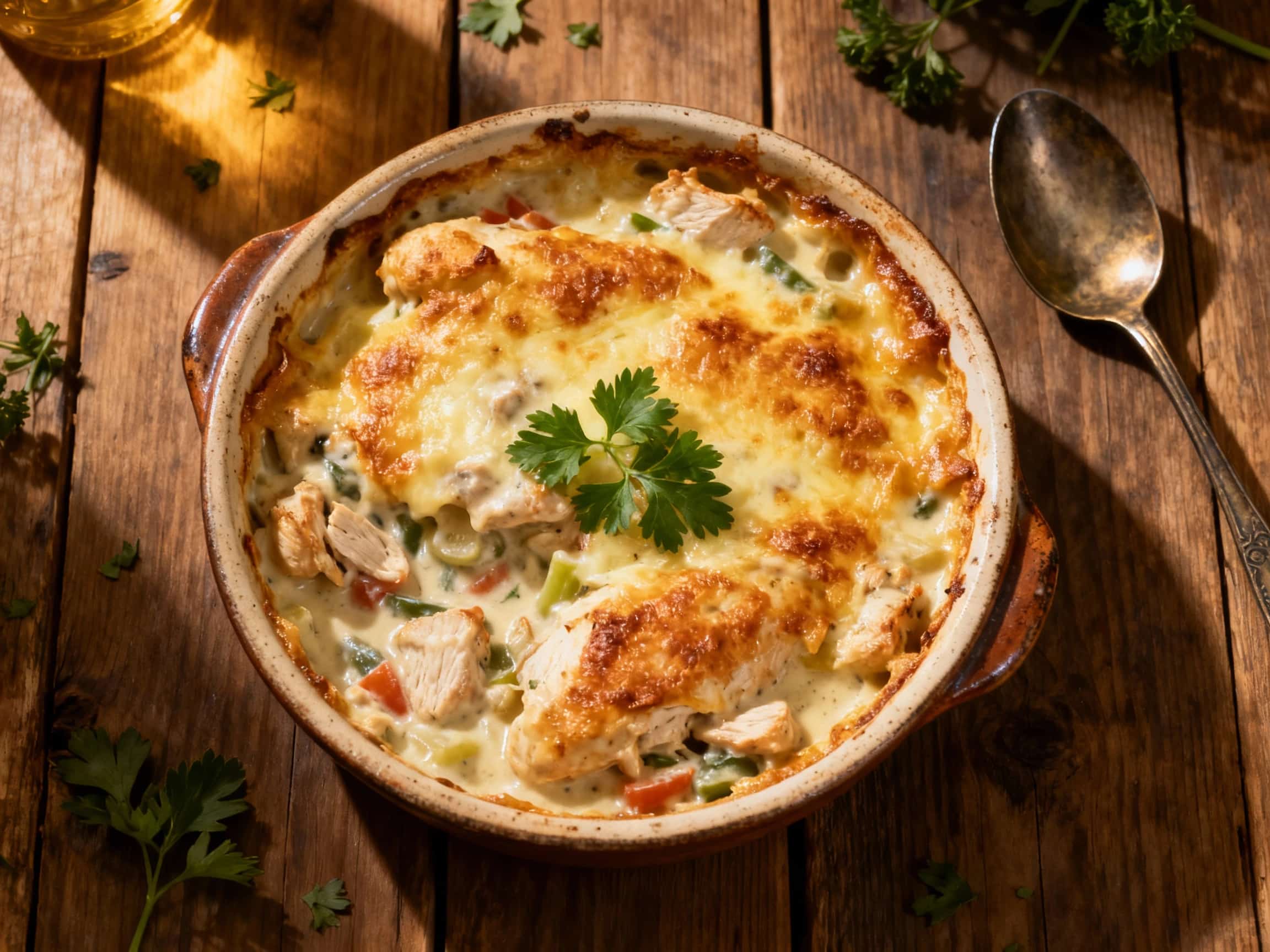 A golden-brown chicken and pasta bake, bubbling with creamy sauce and topped with melted cheese, is presented in a rustic ceramic dish under warm, inviting light.