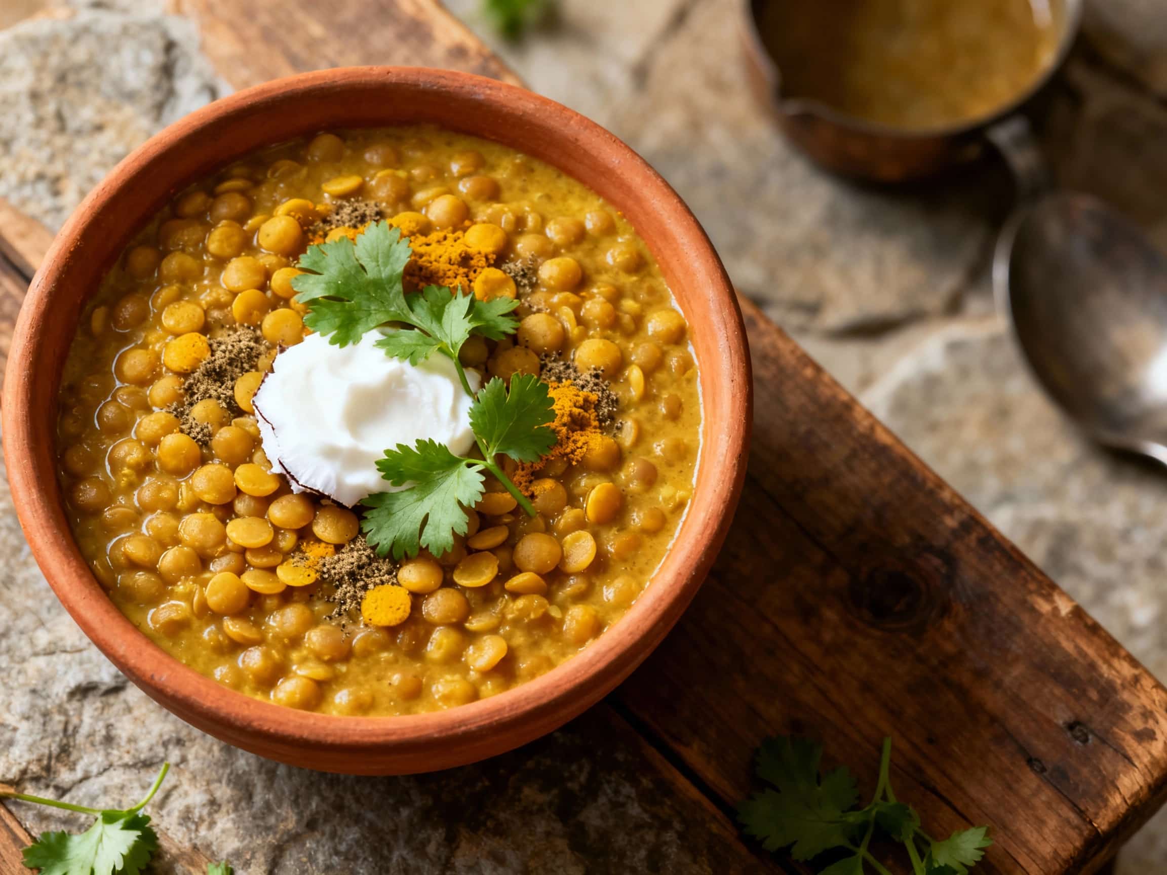 A close-up, overhead view of a steaming, vibrant orange Creamy Coconut Lentil Curry in a rustic ceramic bowl, garnished generously with fresh green cilantro and a delicate swirl of white coconut cream. The rich texture of the lentils and the glossy, creamy sauce are prominent, making the dish look incredibly inviting. It's presented on a dark wooden table, evoking warmth and comfort, ideal for a h