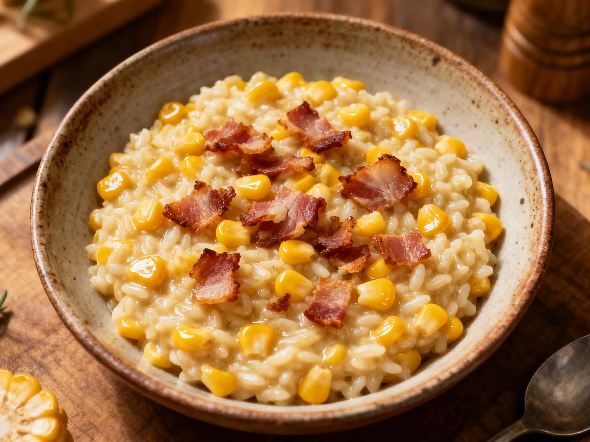 A close-up of creamy, golden corn and pancetta risotto in a white bowl, garnished with crispy pancetta, fresh thyme, and grated Parmesan. The risotto has a visibly rich and velvety texture, showcasing bright yellow corn kernels, offering a comforting and elegant meal suggestion.