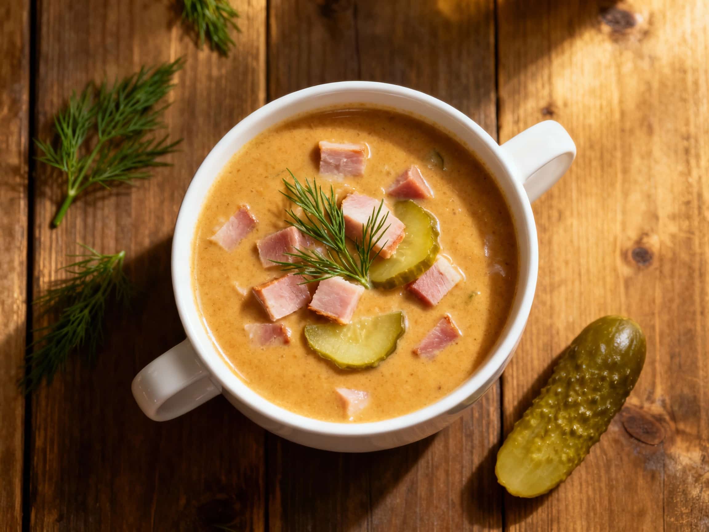 A rustic bowl of creamy dill pickle ham soup, showing a pale green consistency with visible chunks of ham and potatoes. It's garnished with a swirl of cream and fresh dill sprigs, presented on a dark wooden surface, evoking a sense of cozy comfort.