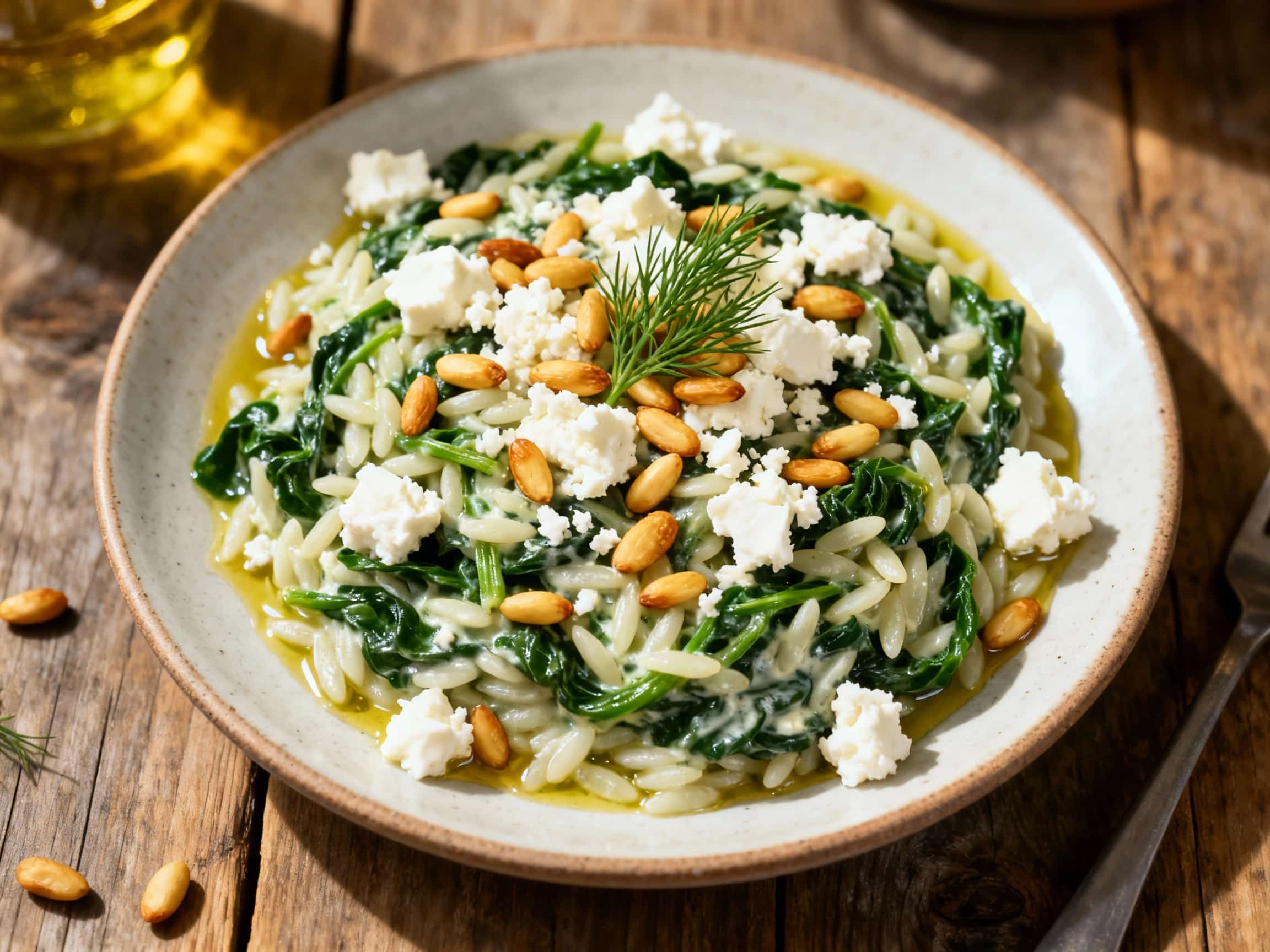 A close-up view of creamy orzo pasta dish served in a rustic white bowl. The pasta is rich with visible tender spinach, vibrant red sun-dried tomatoes, and large crumbles of white feta cheese, all coated in a luscious, creamy sauce. The dish is presented on a wooden surface, suggesting a cozy, home-cooked meal, with a soft blur in the background to highlight the main subject.