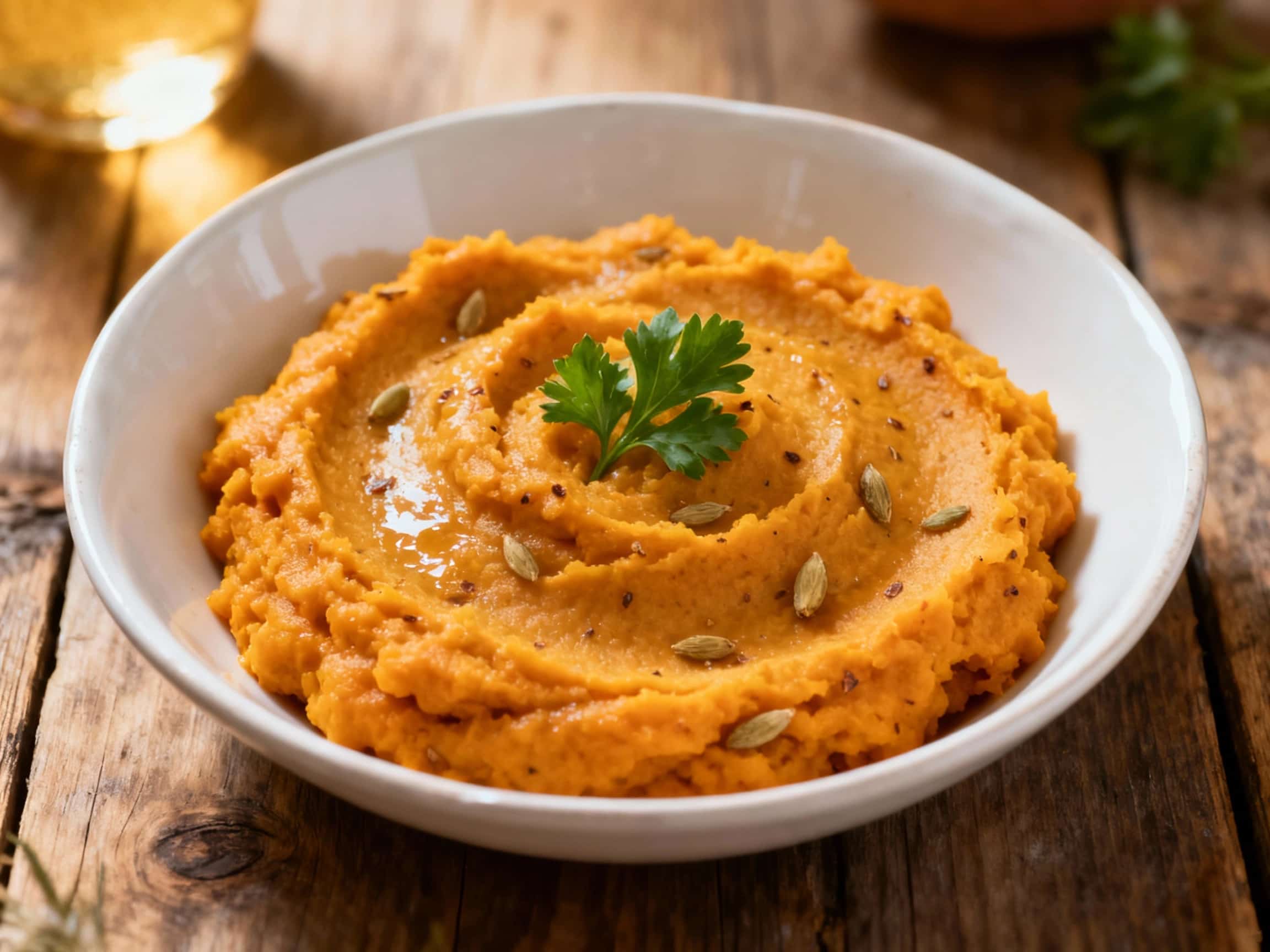 A beautiful mound of smooth, golden kumara mash is generously sprinkled with freshly grated nutmeg, creating a comforting and inviting presentation.