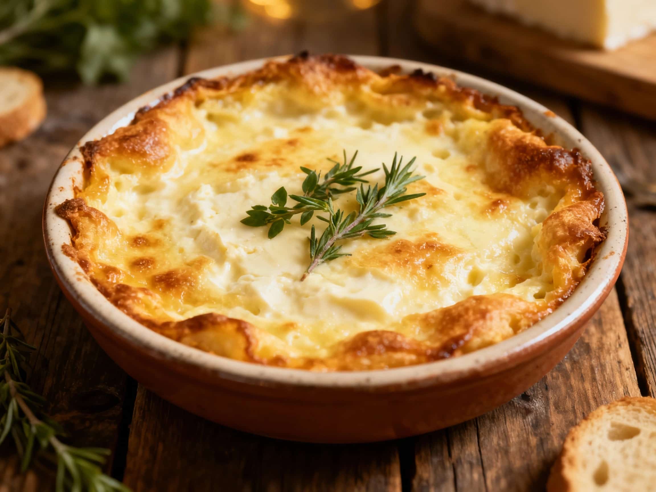 A golden-brown, comforting baked dip made with Queijo da Serra cheese is served bubbling hot in a rustic ceramic dish, garnished with fresh herbs and a drizzle of olive oil.