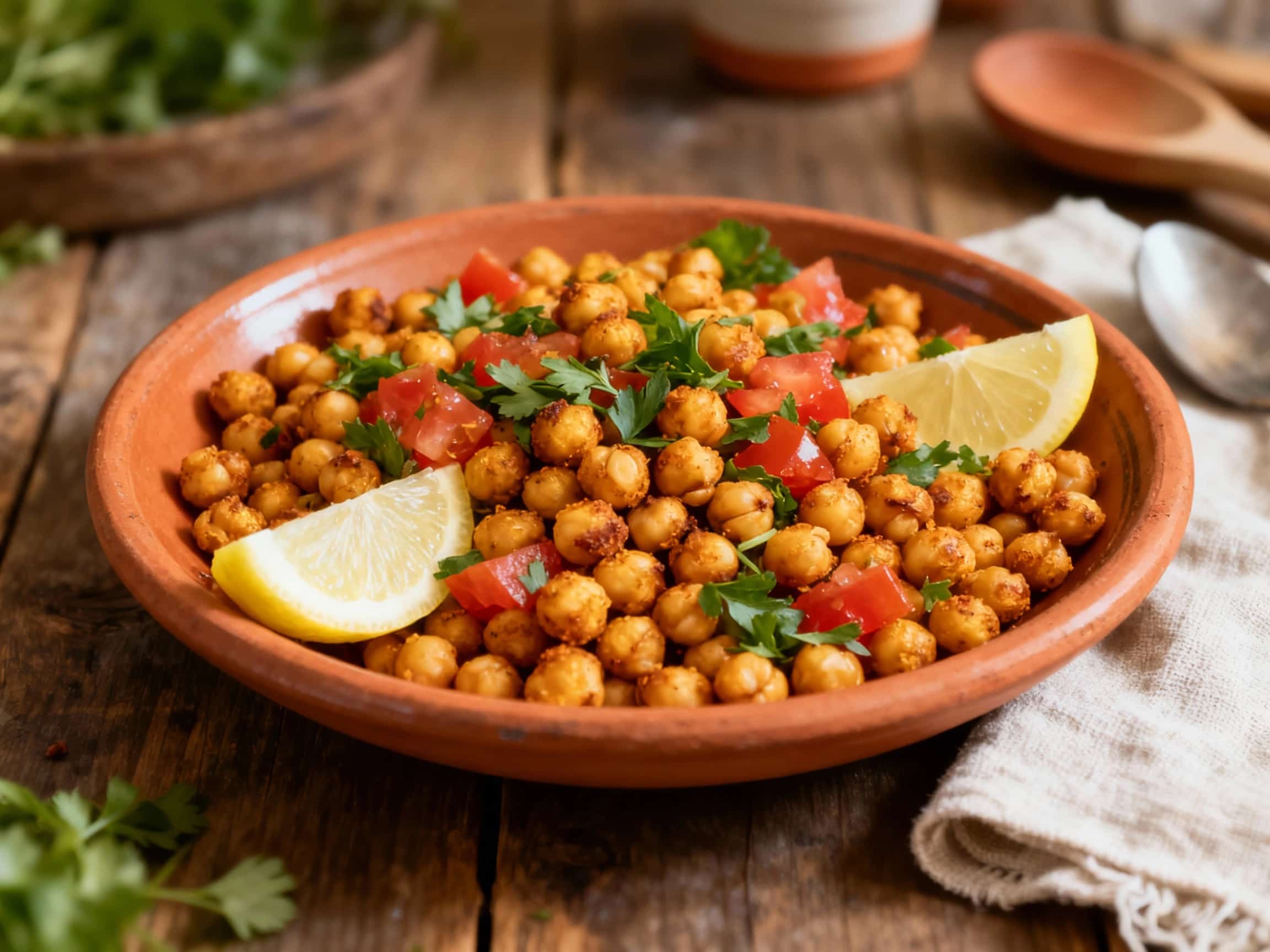 A vibrant medley of roasted chickpeas, bell peppers, and zucchini is piled high on a rustic wooden board, glistening with olive oil and sprinkled with fresh parsley for a healthy and flavorful meal.