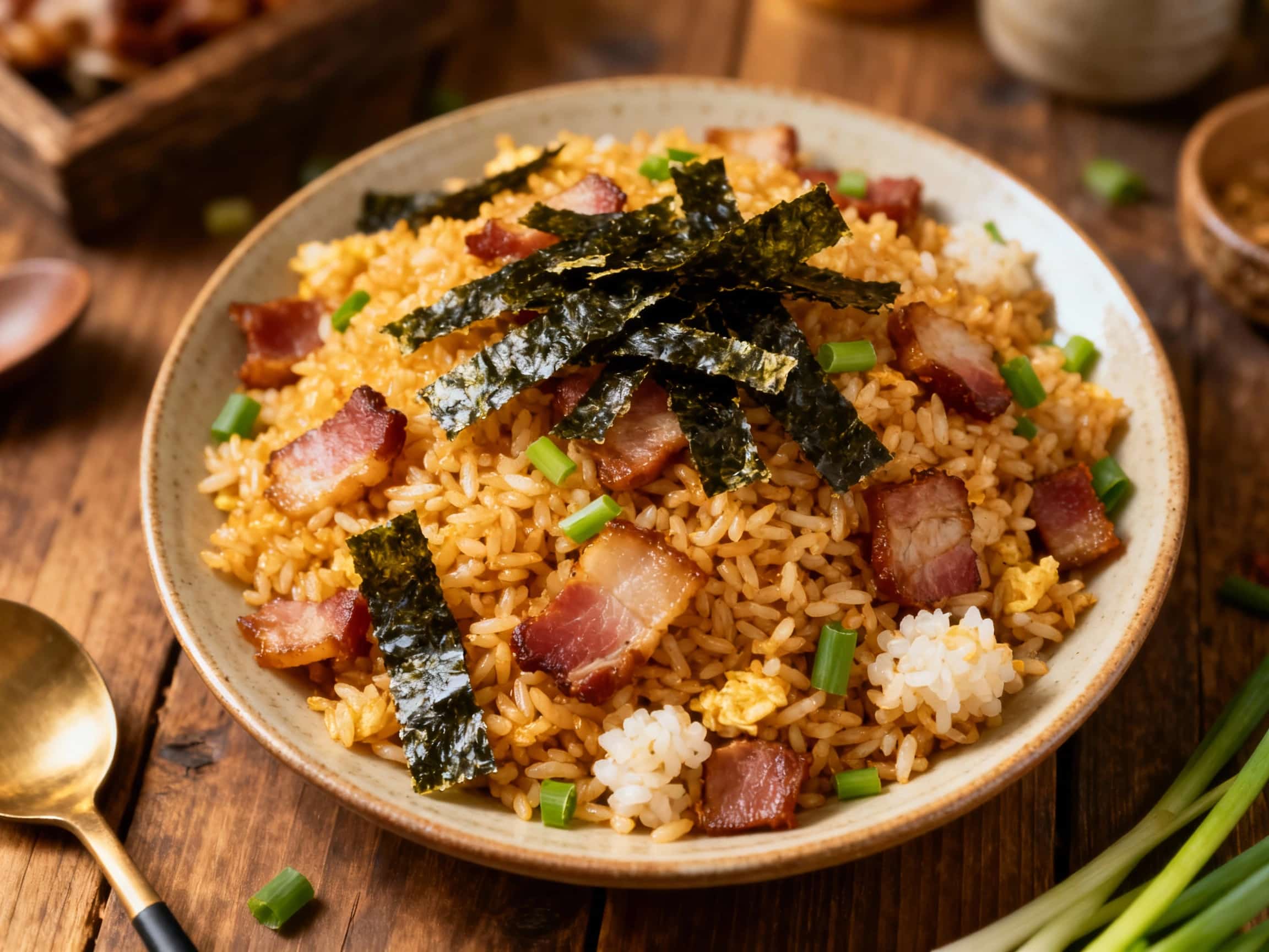 Golden fried rice piled high, topped with crispy strips of bacon, dark green seaweed nori flakes, and a sprinkle of fresh chives, creating a savory and comforting meal.