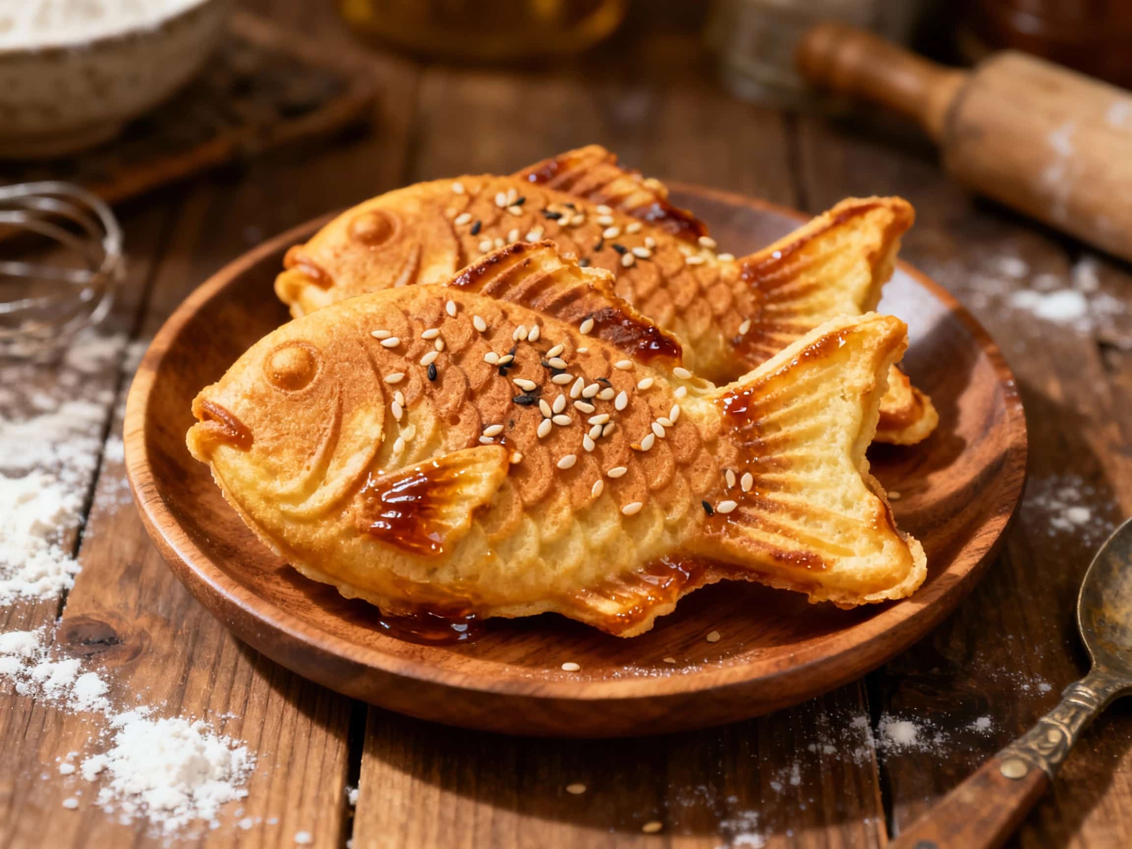 Golden-brown, crispy taiyaki fish cakes are arranged invitingly on a white plate, dusted with powdered sugar, and ready to be enjoyed.