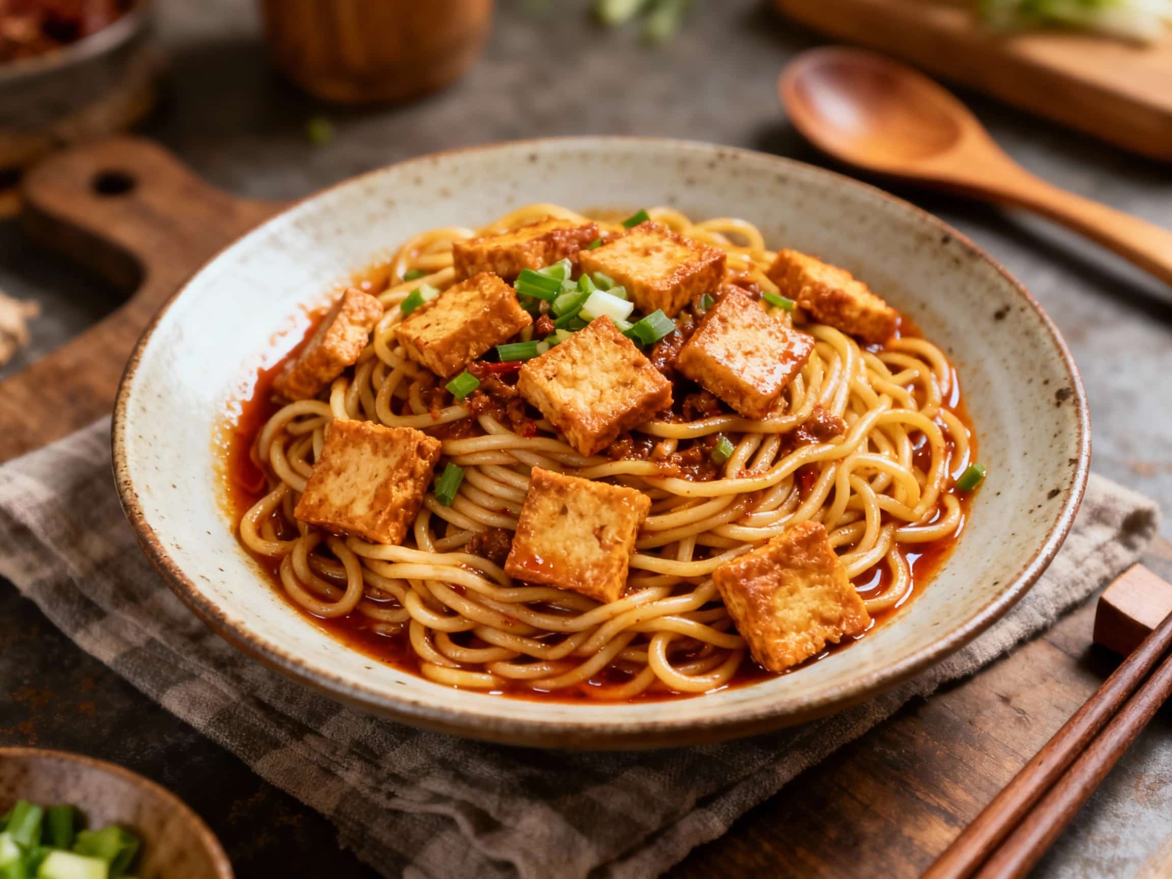 A steaming bowl of Dan Dan noodles topped with flavorful crispy tofu is garnished with green scallions and chili oil, creating a mouthwatering presentation perfect for a cozy meal.