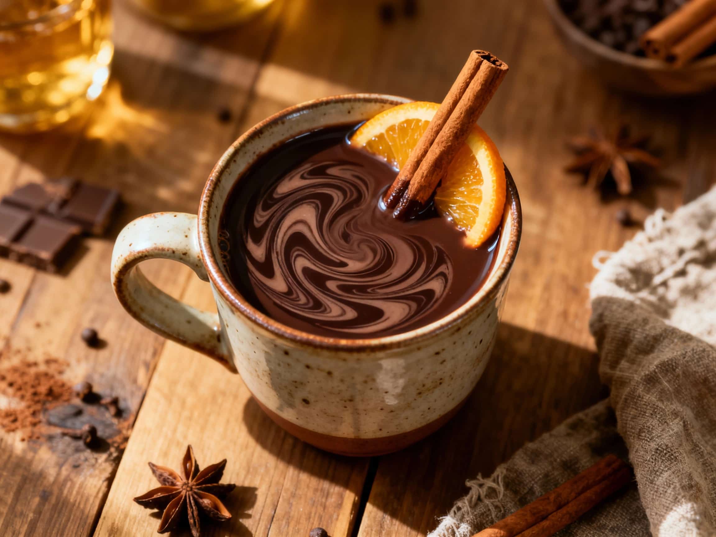 A dark chocolate rum hot toddy in a clear glass mug, topped with fluffy white whipped cream and a dusting of cocoa powder. A cinnamon stick is placed on the side of the mug, and the dark, rich liquid is visible beneath the cream. The setting is warm and inviting, evoking a feeling of cozy indulgence.