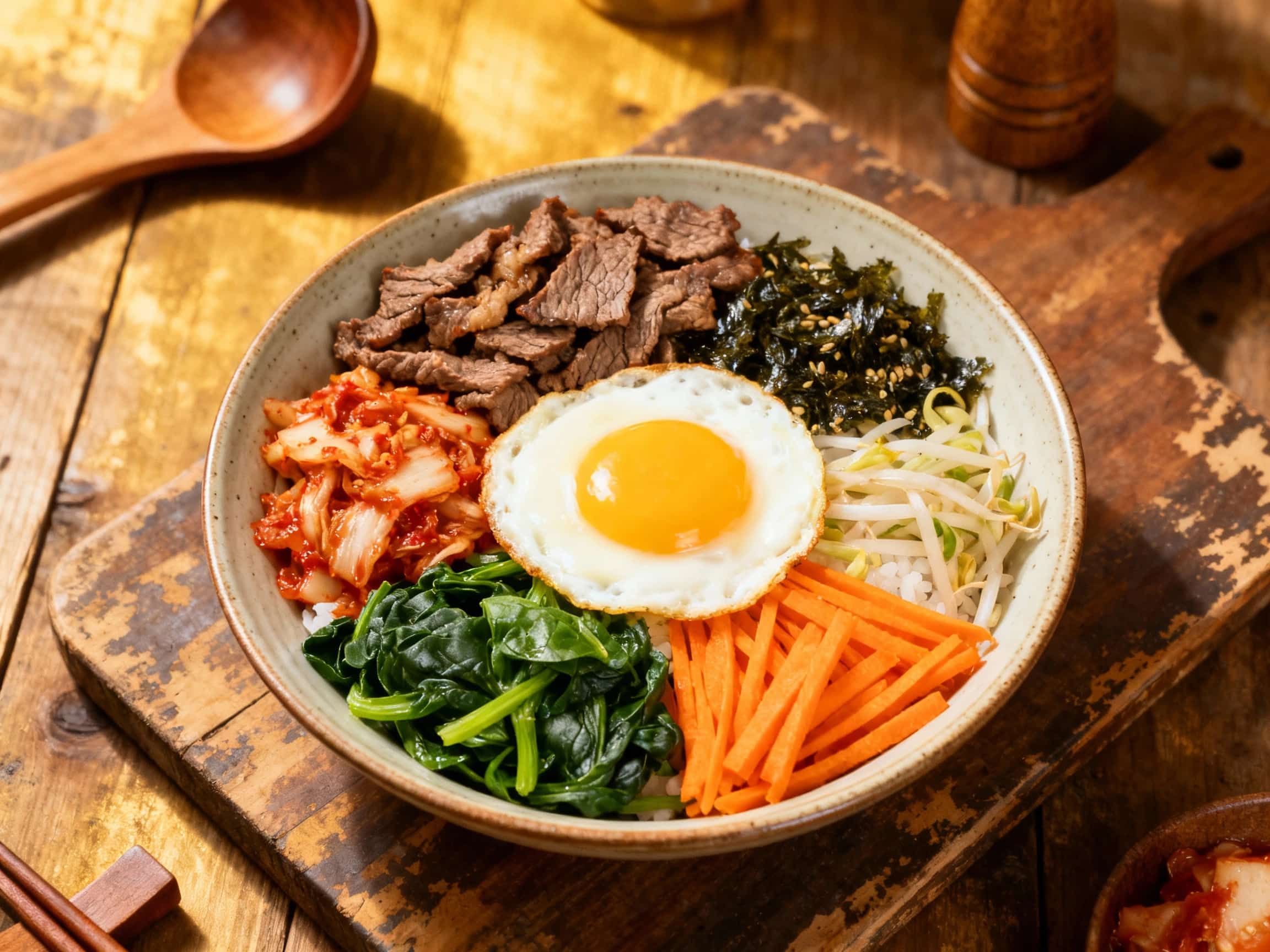 A vibrant deconstructed bibimbap salad is artfully arranged in a white bowl, featuring a colorful medley of seasoned rice, fresh vegetables, and perfectly placed toppings.