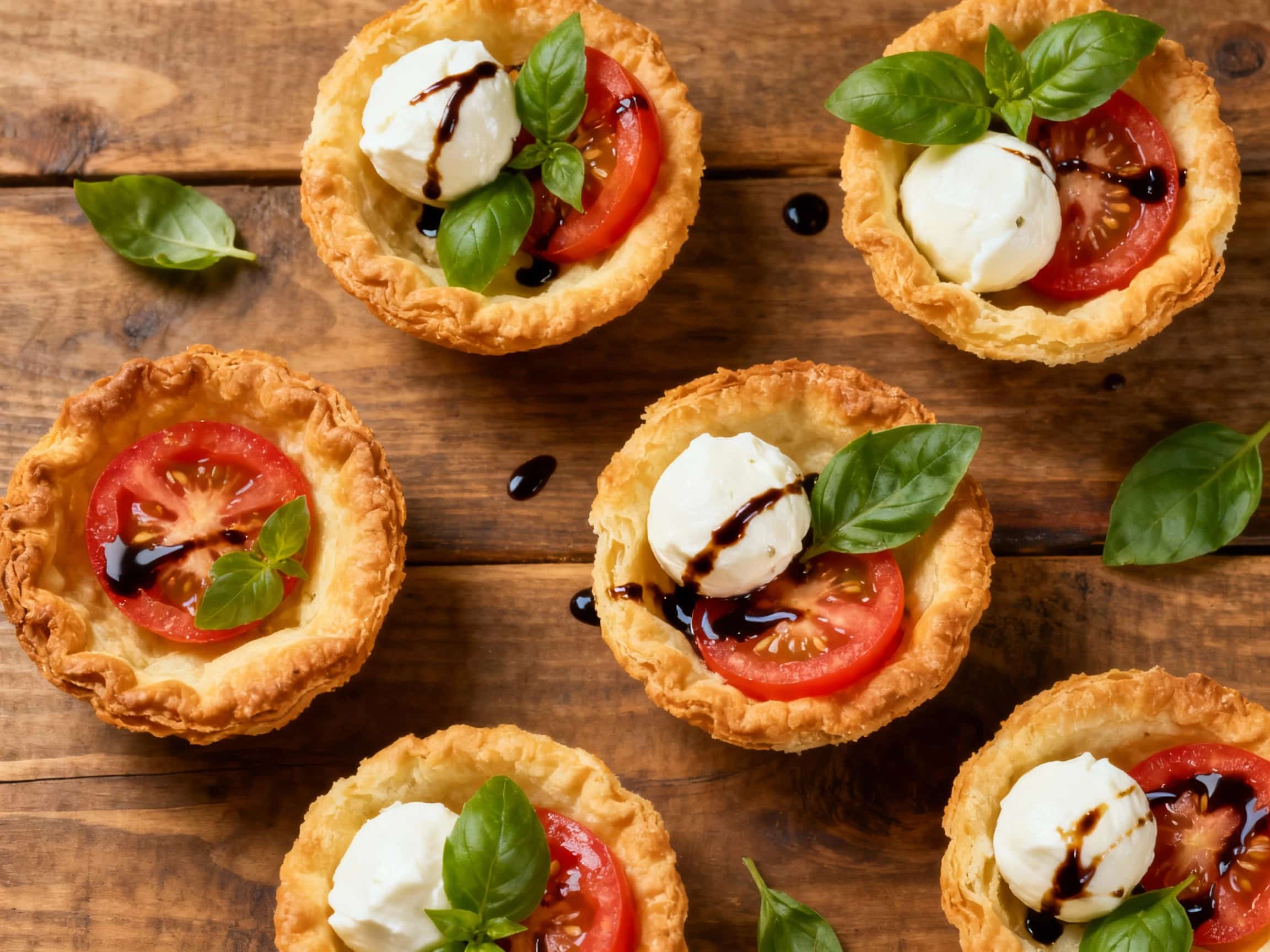 Flaky pastry shells are artfully arranged with vibrant slices of ripe tomato, fresh mozzarella, and a scattering of fragrant basil leaves, drizzled with balsamic glaze.