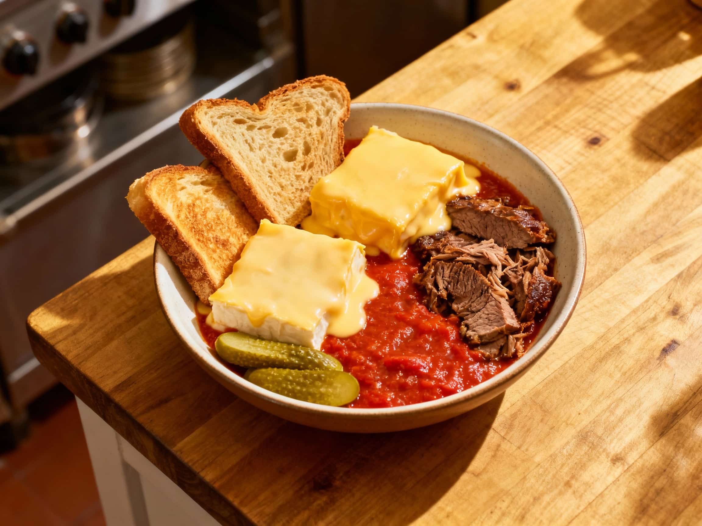 A deconstructed Francesinha bowl features layers of tender steak, savory sausage, and melted cheese over crispy fries, topped with a rich tomato sauce and a fried egg.
