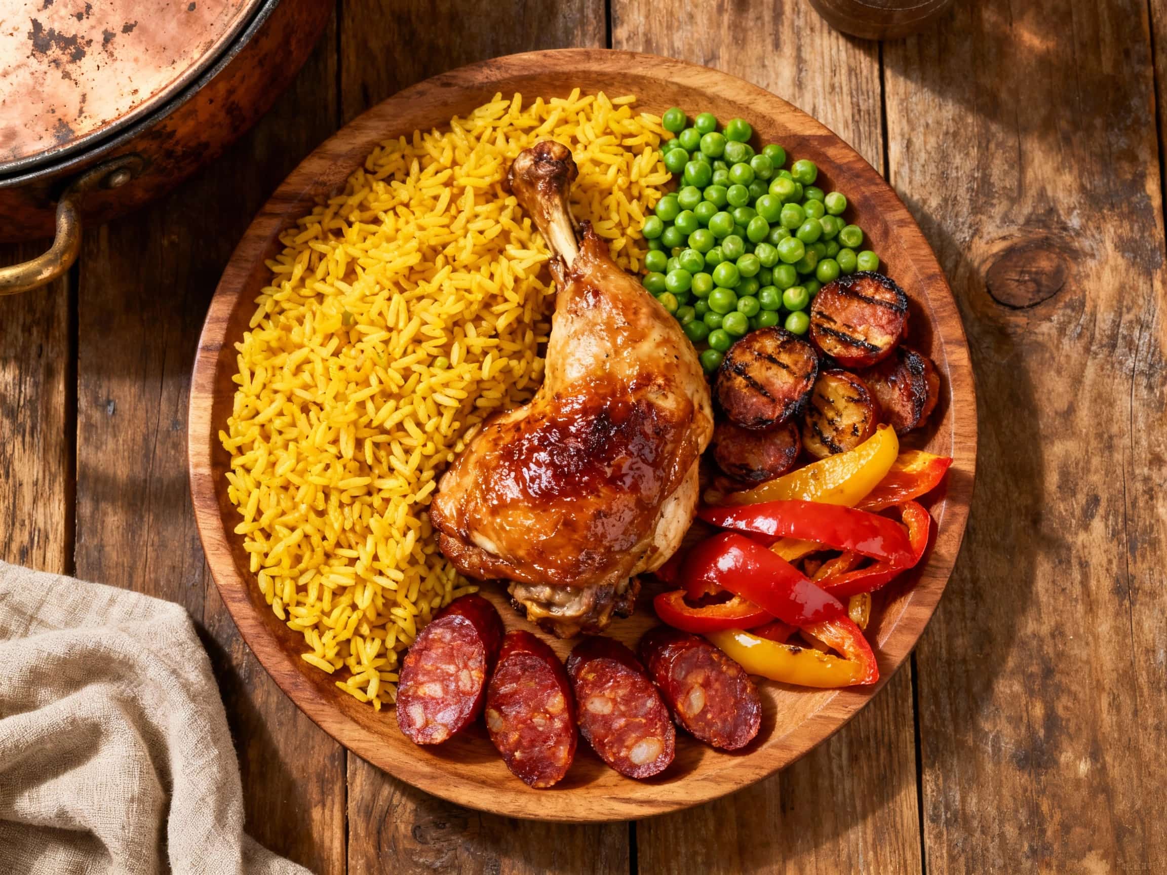 A vibrant, deconstructed paella platter showcases saffron rice, tender shrimp, mussels, and chorizo arranged artfully on a rustic wooden board, ready to be enjoyed.