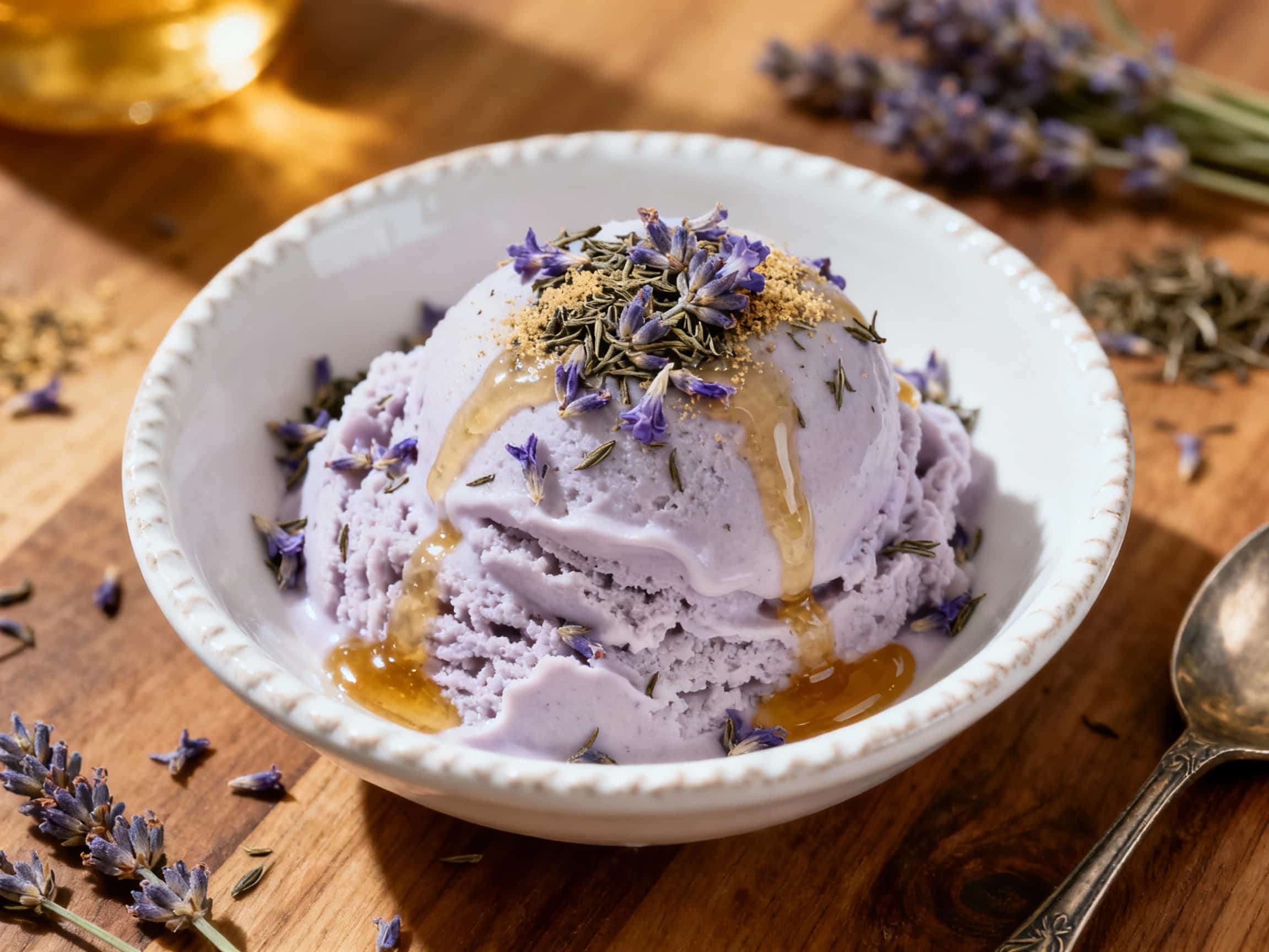 A luscious scoop of pale purple Earl Grey Lavender Frozen Yogurt in a clear glass bowl, garnished with fresh lavender sprigs on a light-colored surface. A small, unopened Earl Grey tea bag is placed delicately next to the bowl, emphasizing the ingredients and the refreshing, aromatic nature of the dessert. The overall presentation is elegant and inviting, suggesting a sophisticated frozen treat.