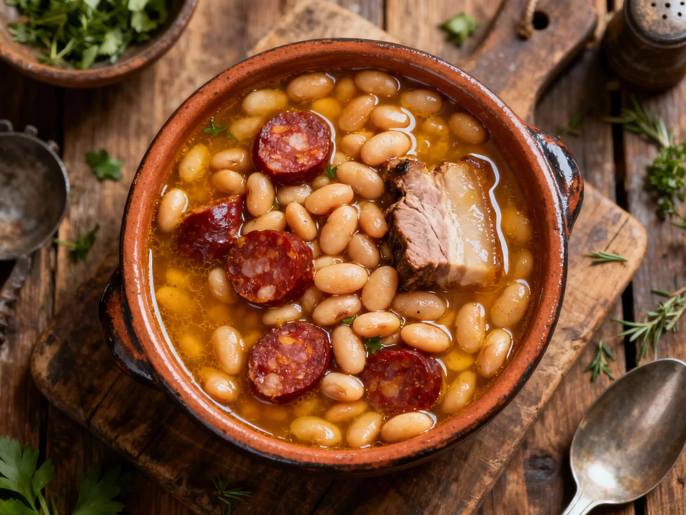 A small bowl of hearty Fabada Asturiana, the smoky white beans, chorizo, and morcilla sausage are clearly visible, garnished with fresh parsley.