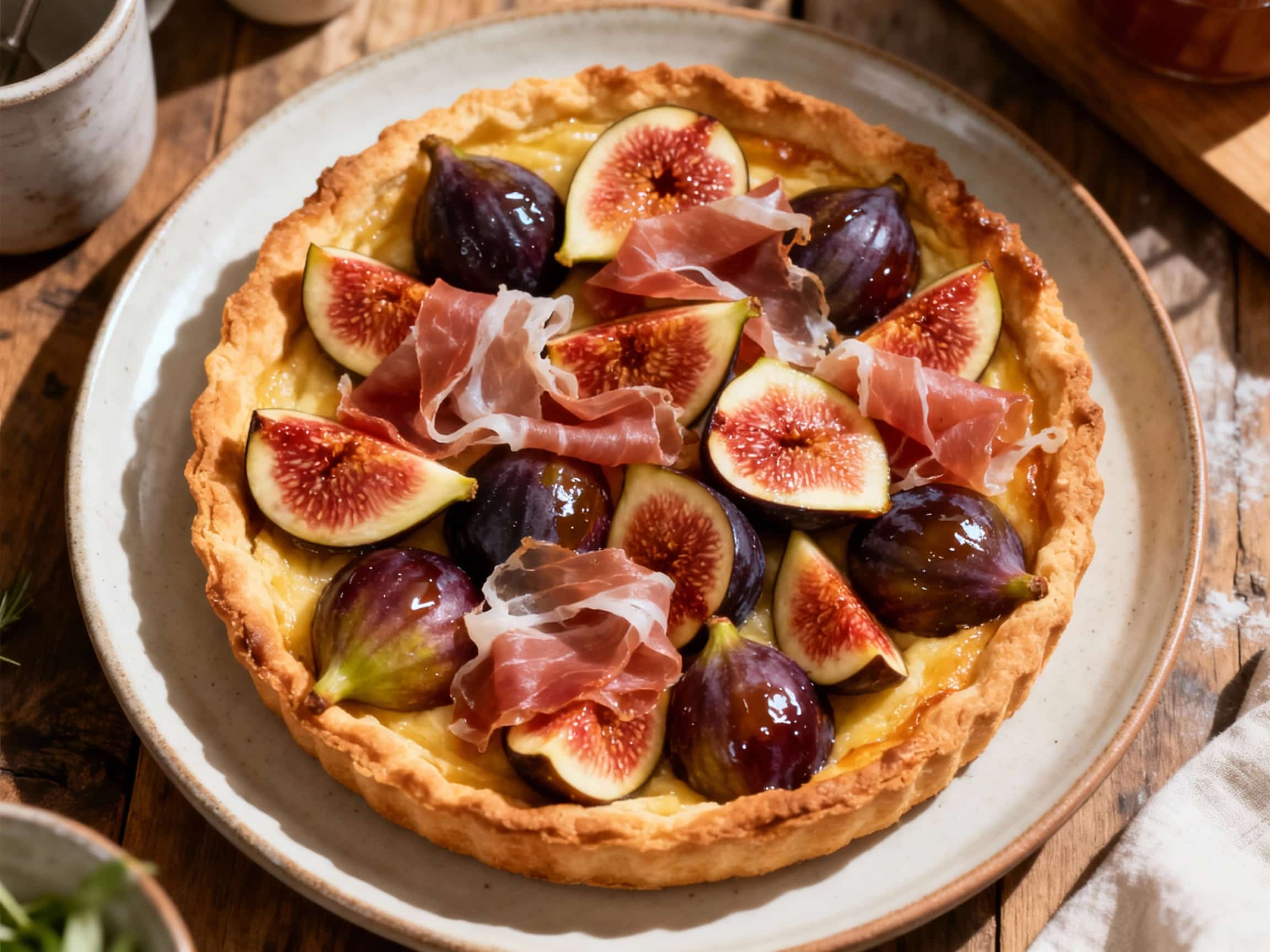 An inviting, free-form fig and prosciutto sweet tart is prominently displayed on a light wooden board. The golden-brown puff pastry crust cradles a creamy mascarpone filling, topped with vibrant quartered figs and delicate, rosy prosciutto. A dark balsamic glaze is artfully drizzled over the top, glistening under soft light, and the tart is generously sprinkled with bright green chopped pistachios