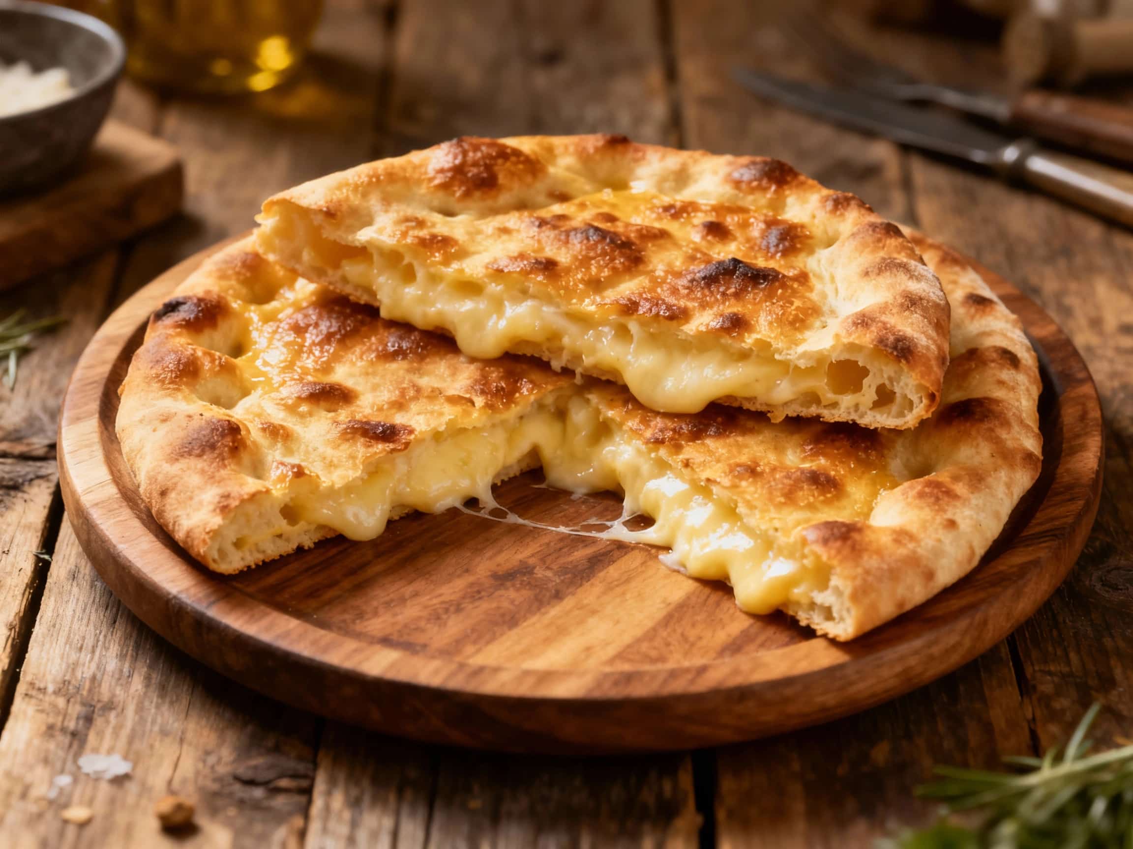 A golden-brown, bubbly focaccia bread, glistening with olive oil and topped with fresh green herbs, is sliced on a rustic wooden board, ready to be enjoyed.
