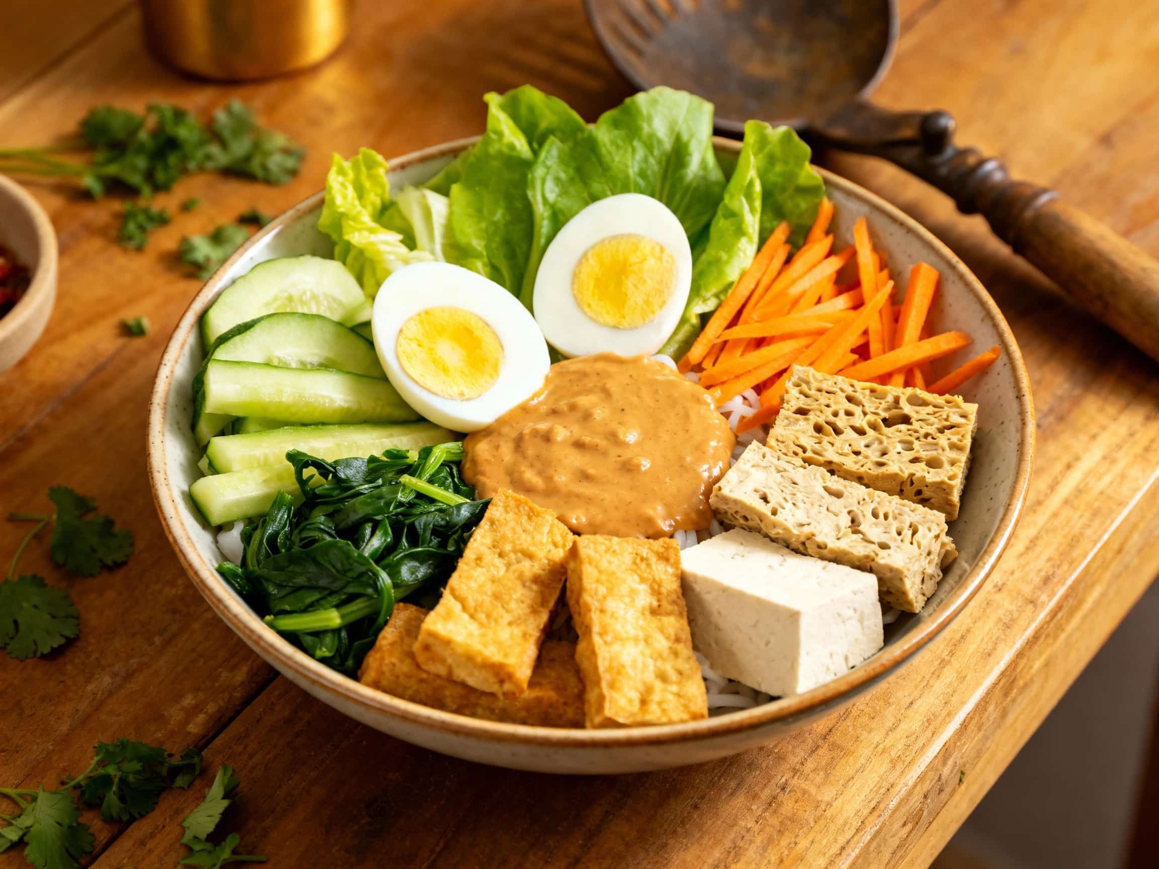 A beautifully plated deconstructed Gado-Gado bowl showcasing individual components like vibrant steamed vegetables, crispy tofu and tempeh, and a soft-boiled egg, all generously coated in a rich peanut sauce, presented on a wooden surface with fried shallots as garnish, embodying the fresh and diverse flavors of Indonesian cuisine.