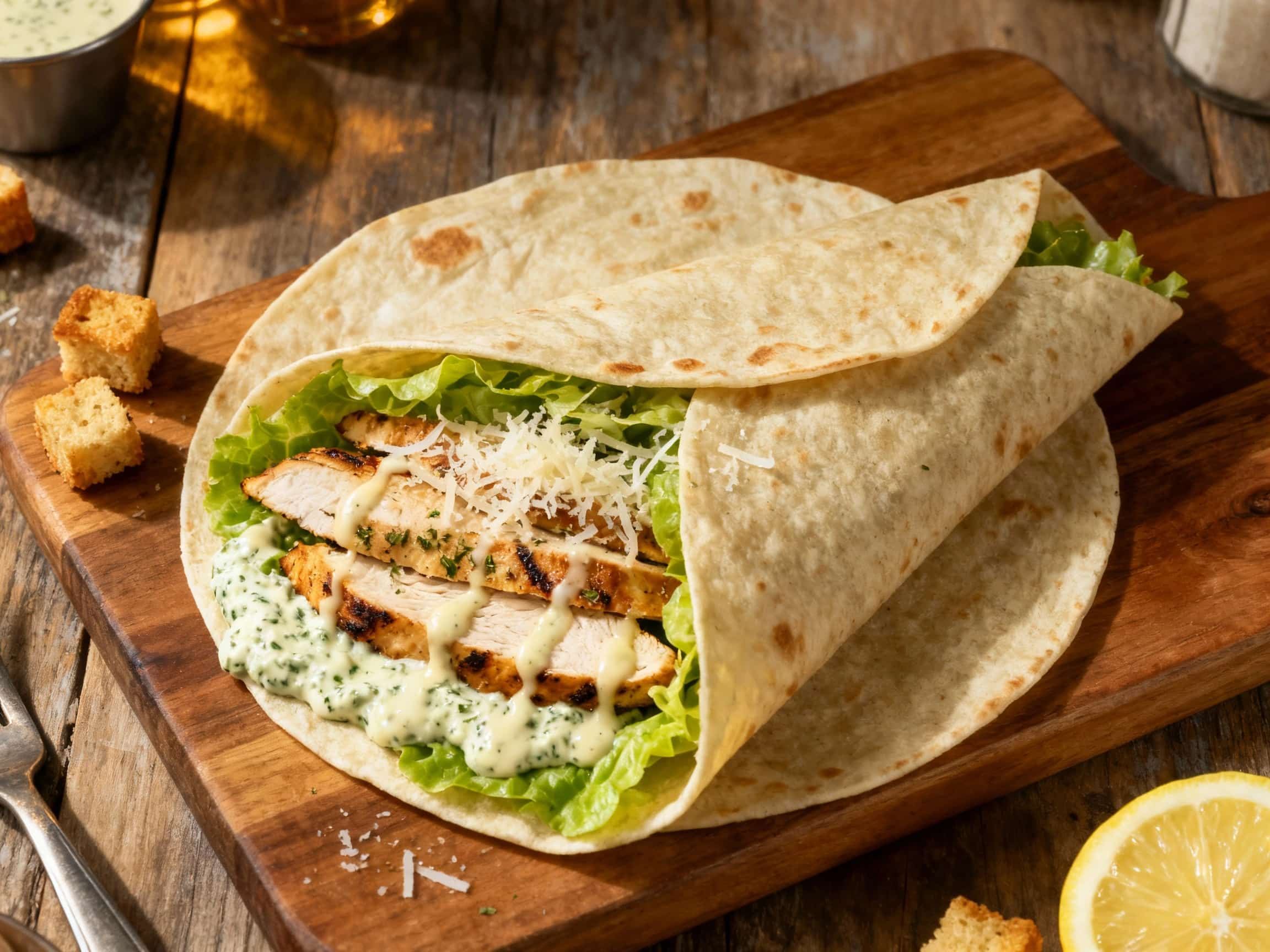 A golden-brown chicken Caesar wrap is sliced in half on a cutting board, revealing tender chicken breast and creamy Caesar dressing coated with fresh green herbs.
