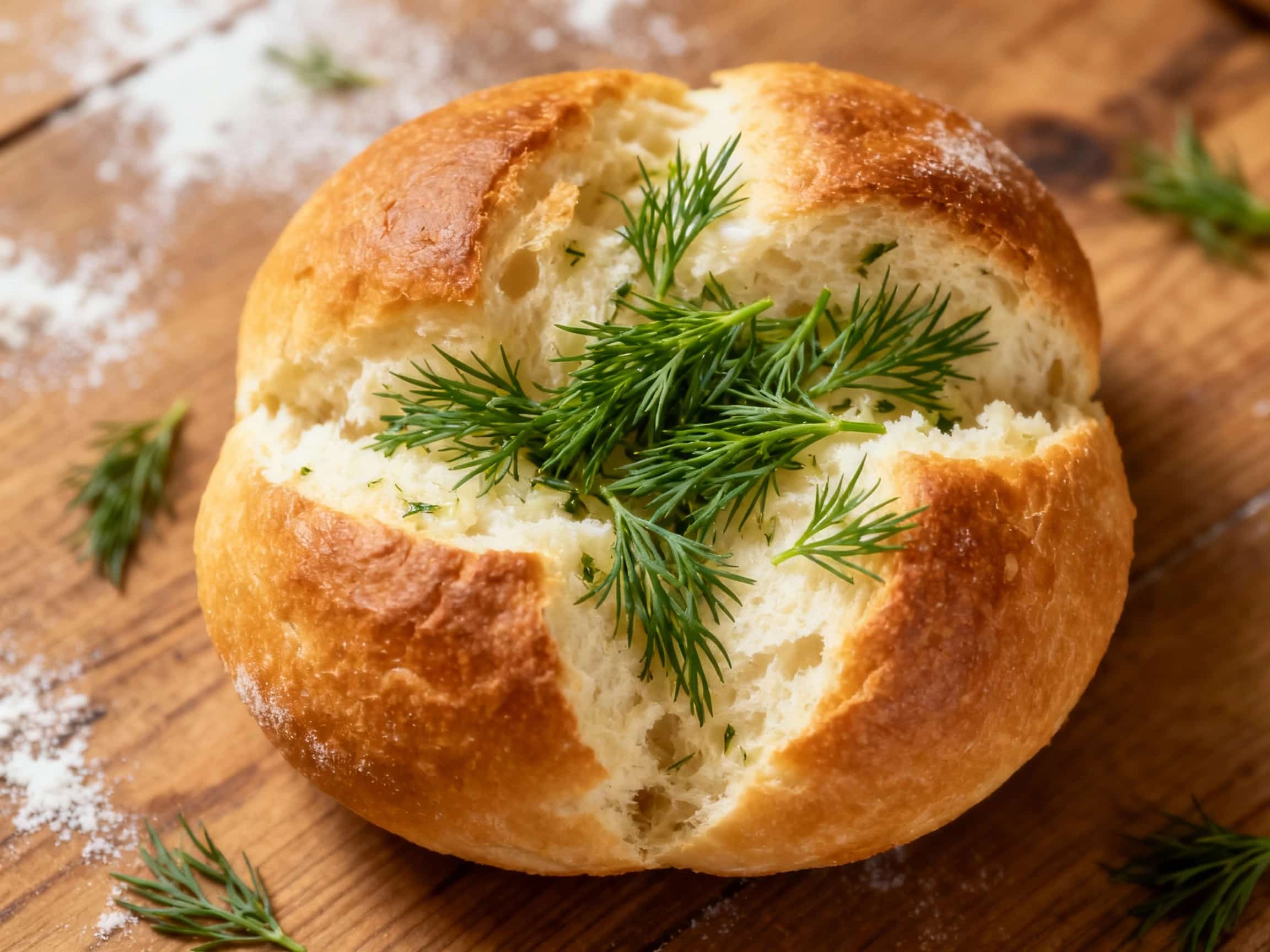 Soft, pillowy pampushky, glistening with garlic oil and generously sprinkled with fresh dill, are arranged artfully on a rustic wooden board, creating a warm and inviting presentation.