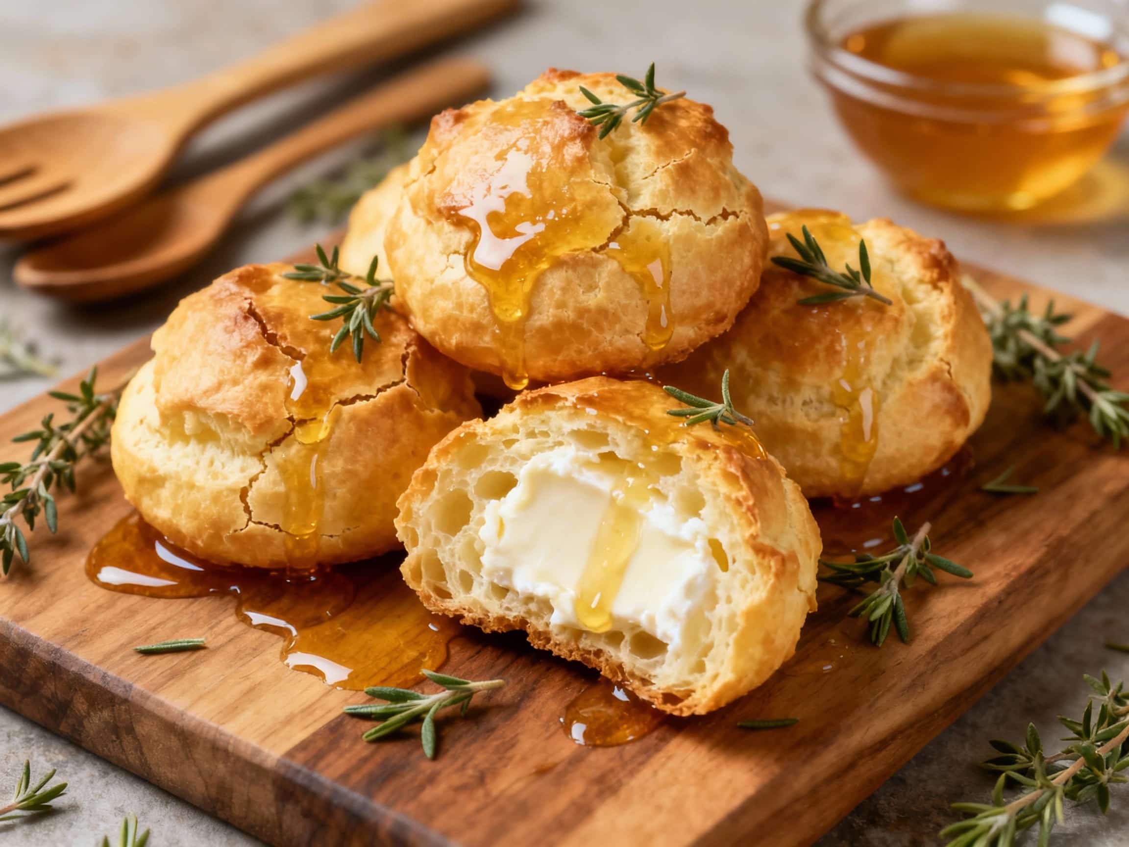 Golden-brown, airy goat cheese gougères are lightly drizzled with honey and sprinkled with fresh thyme, creating an inviting appetizer.