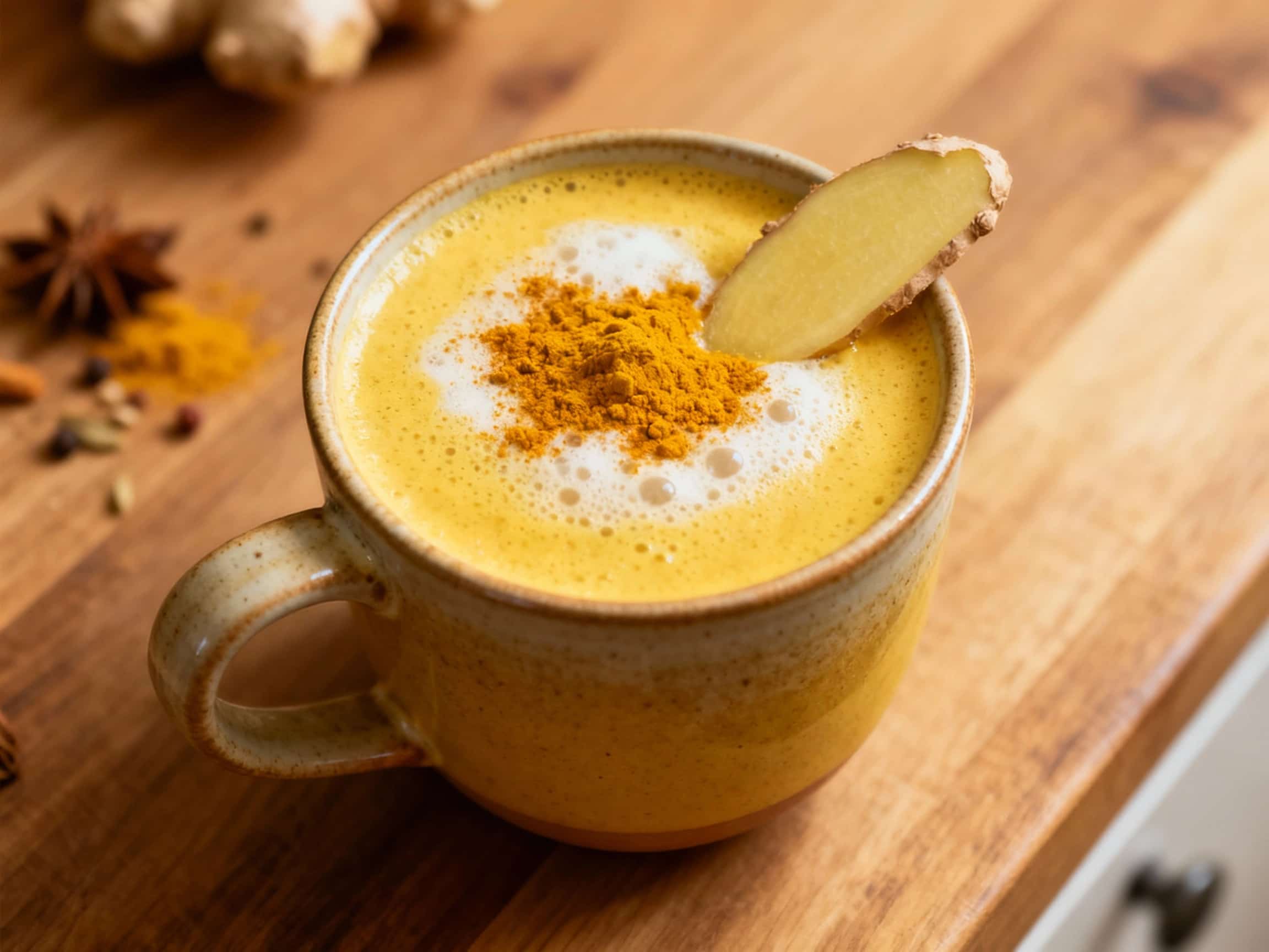 A steaming mug of golden turmeric ginger latte sits on a wooden table, its rich, creamy froth artfully swirled and dusted with a sprinkle of cinnamon.