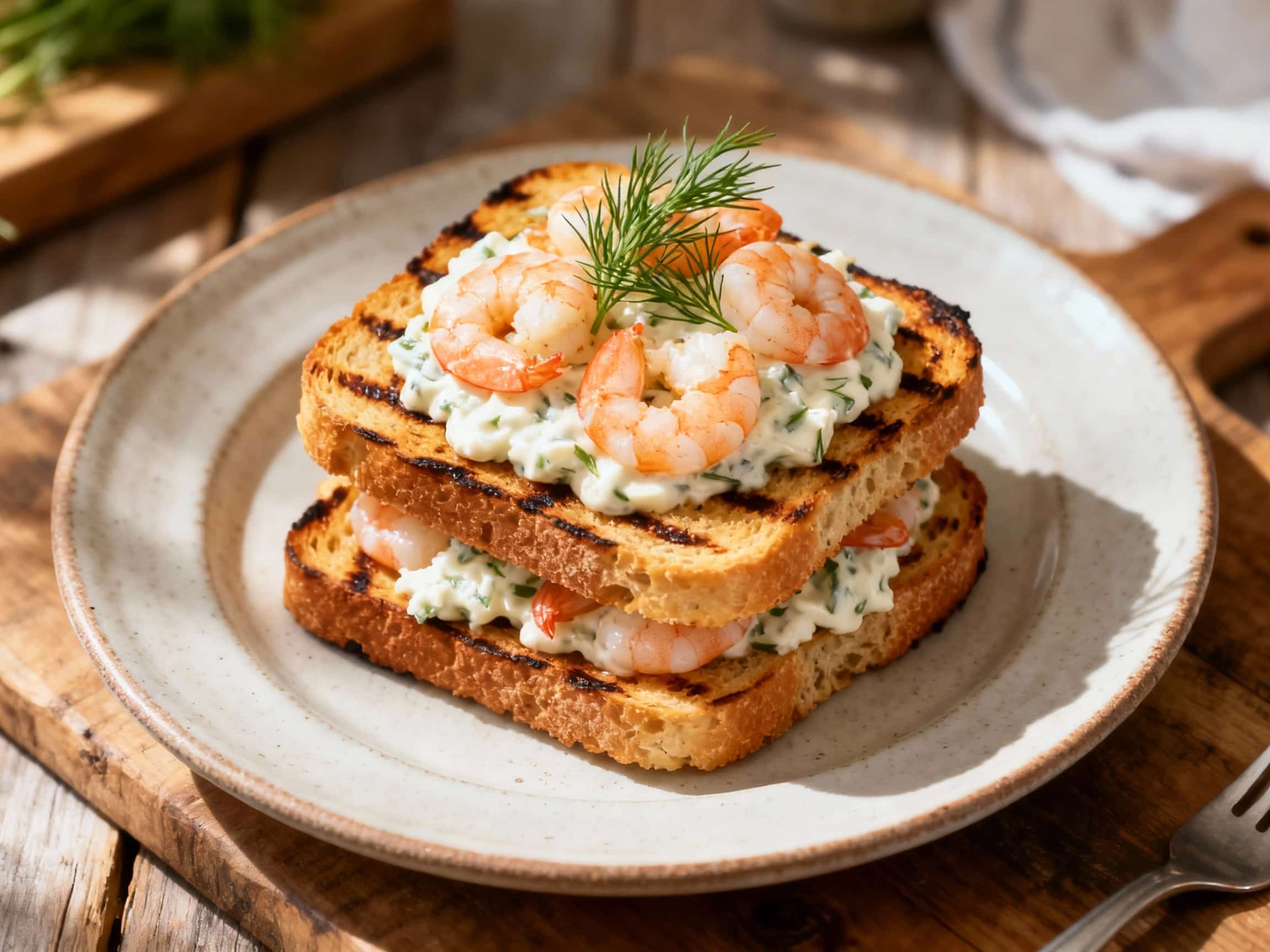 A golden-brown stack of grilled sourdough bread topped generously with creamy Skagen shrimp salad, garnished with fresh dill and a lemon wedge, creating a bright and appetizing appetizer.
