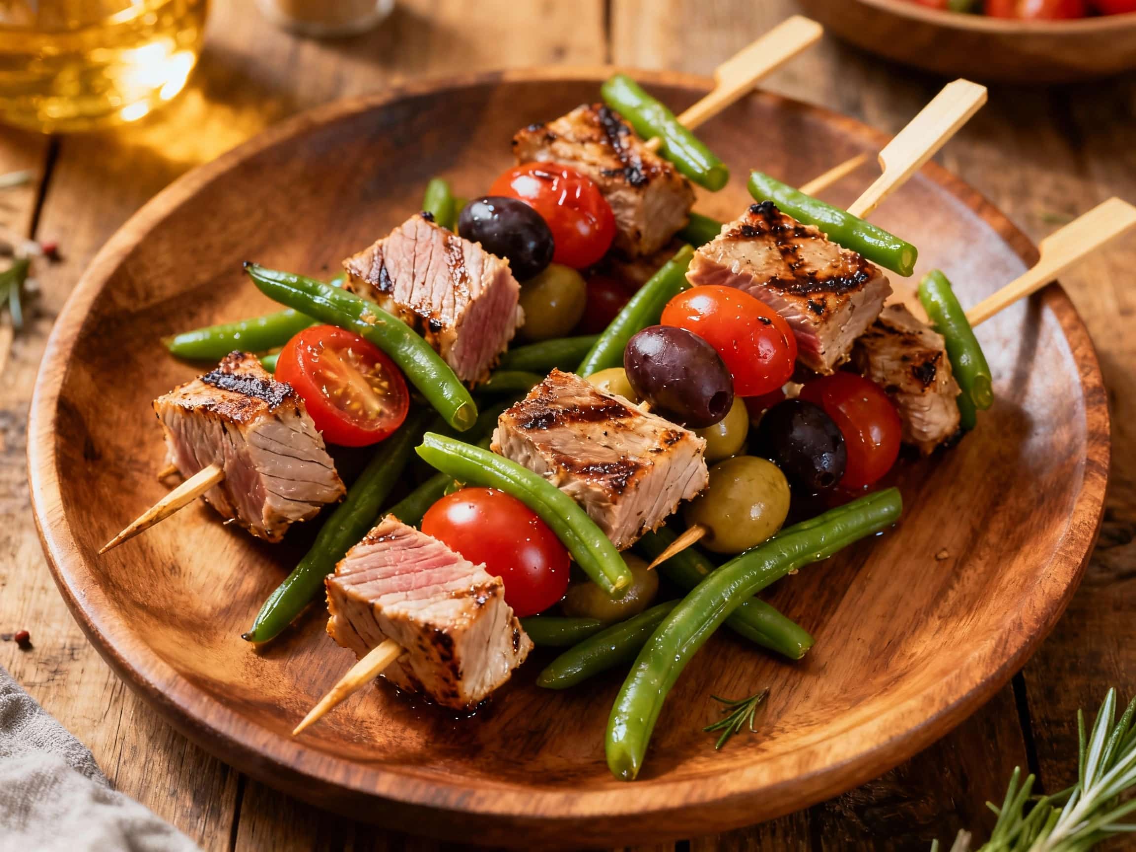 Tender chunks of grilled tuna, cherry tomatoes, and olives are threaded onto skewers, arranged artfully on a white plate and garnished with fresh basil leaves, ready for a bright and flavorful summer meal.
