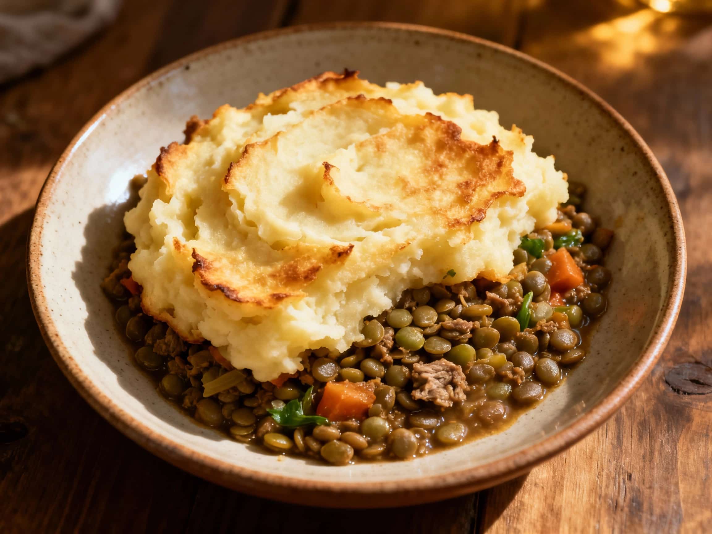 A comforting lentil shepherd's pie sits in a rustic baking dish, topped with a golden-brown mashed potato crust and garnished with fresh parsley.