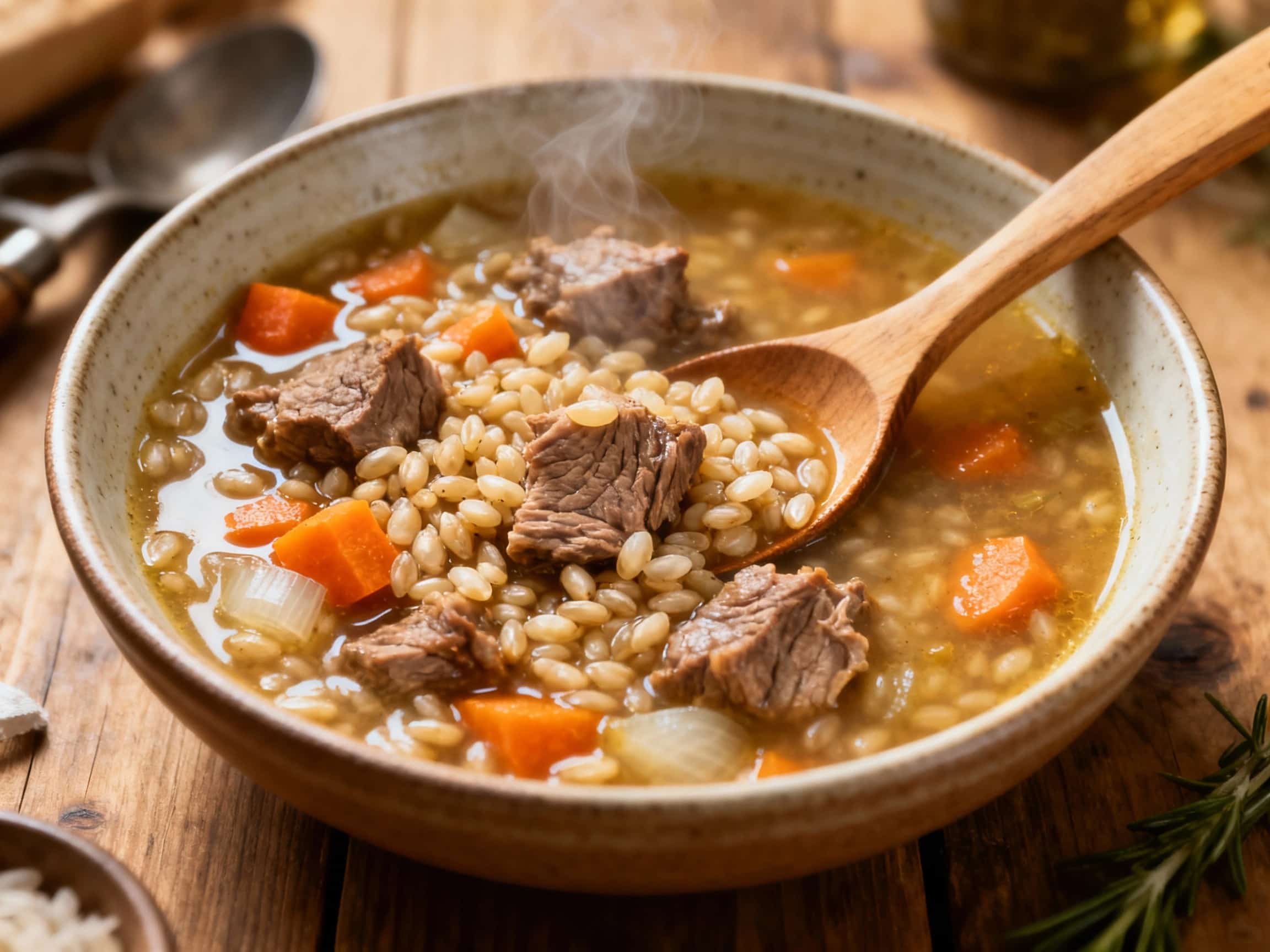 A steaming bowl of rich Scotch lamb and barley soup is garnished with fresh parsley, set against a rustic wooden table, perfect for a cozy, comforting meal.