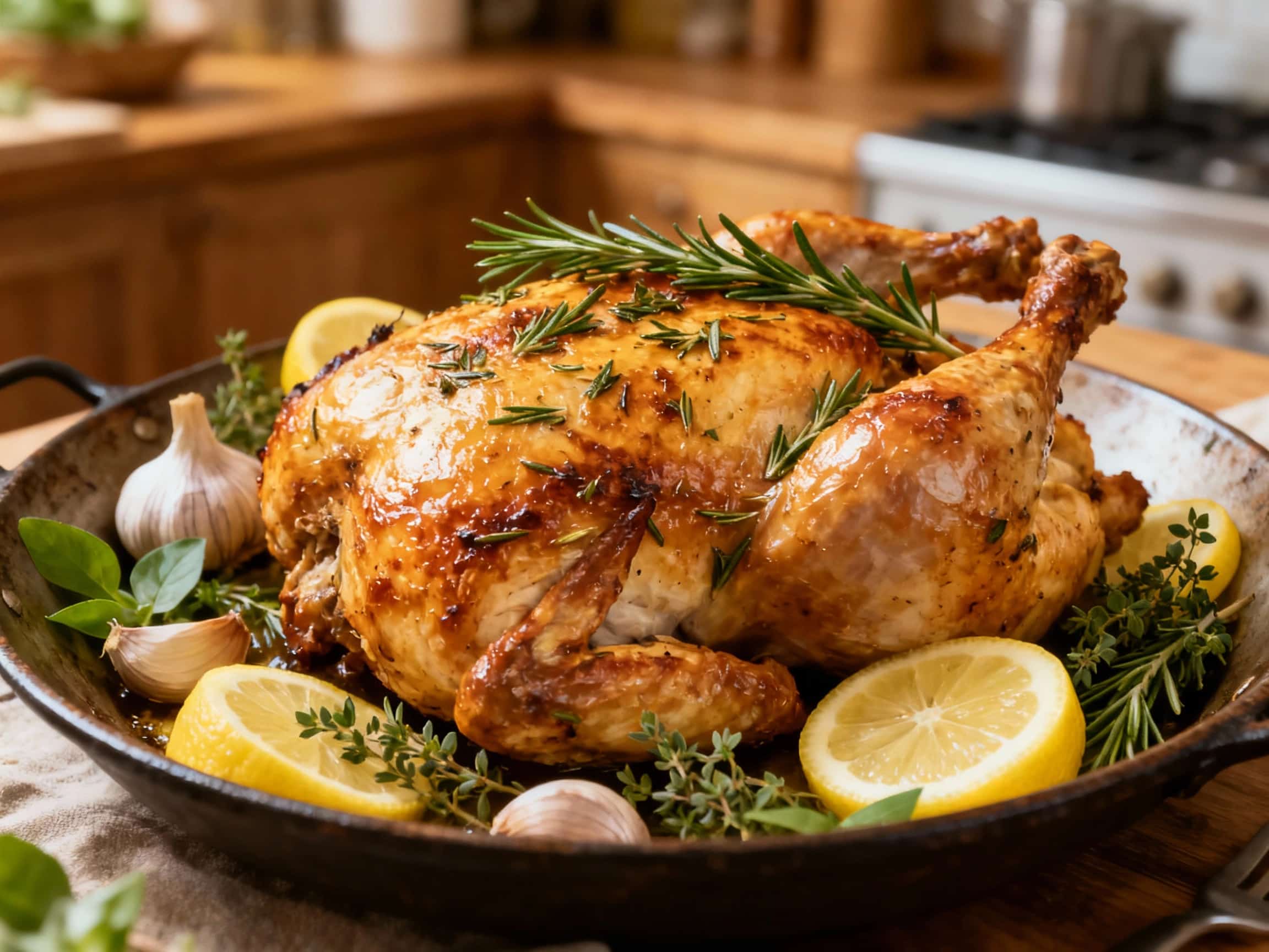 A golden-brown roasted chicken rests invitingly on a rustic wooden board, glistening with herbs, lemon slices tucked into its cavity, and a subtle sheen of pan juices.