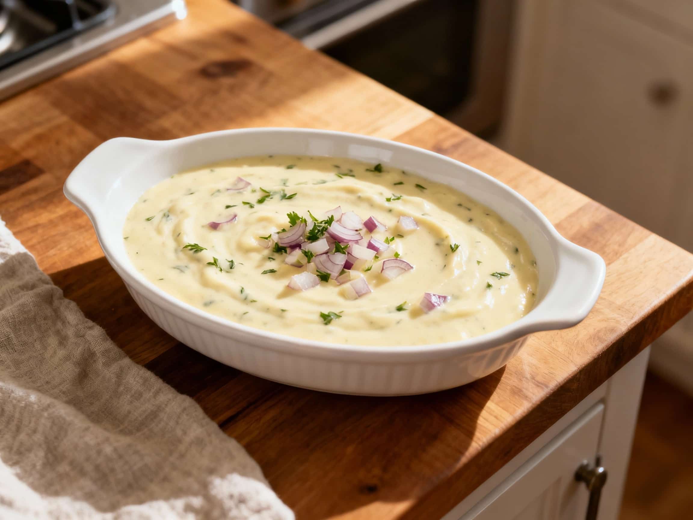 A creamy, pale yellow Béchamel sauce simmers gently in a stainless steel pan, flecked with fresh green herbs and finely minced shallots, ready to be spooned over pasta or vegetables.