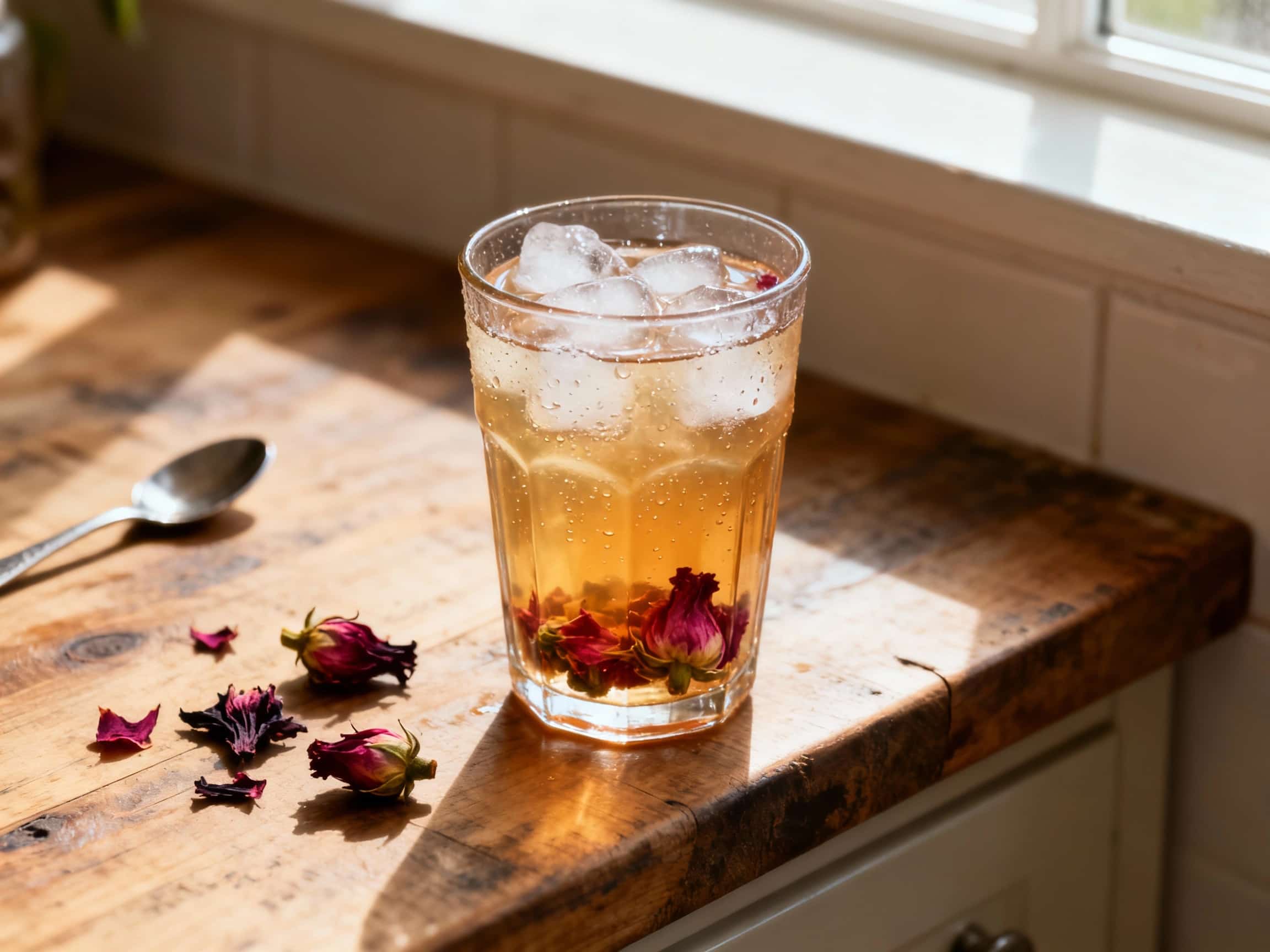 A tall glass of vibrant crimson hibiscus rose cold brew tea is elegantly garnished with rose petals, creating a refreshing and aromatic beverage perfect for a warm day.