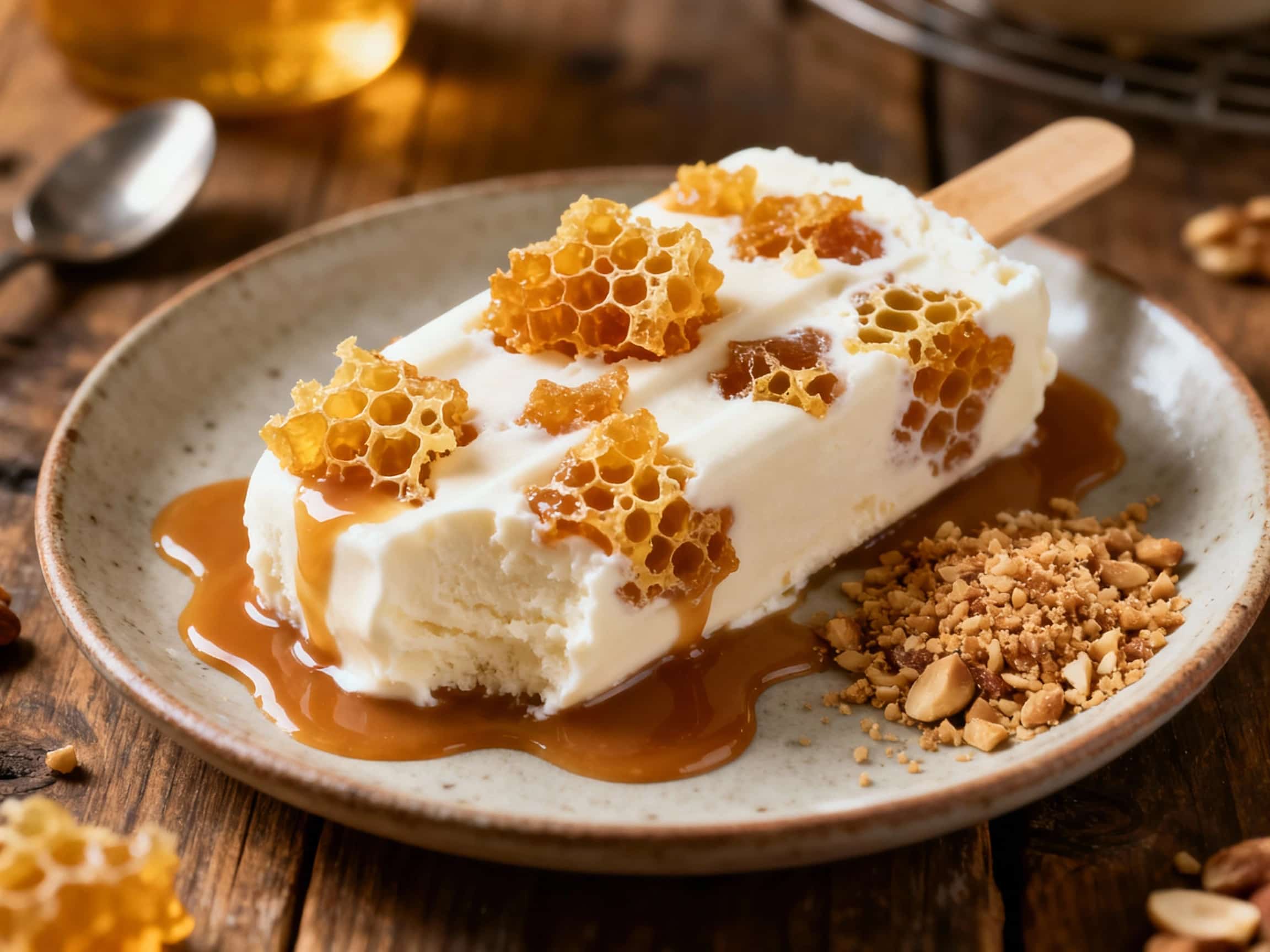 Golden, creamy Hokey Pokey ice cream bars are coated in rich chocolate and sprinkled with crunchy caramel pieces, presented on a light-colored surface.