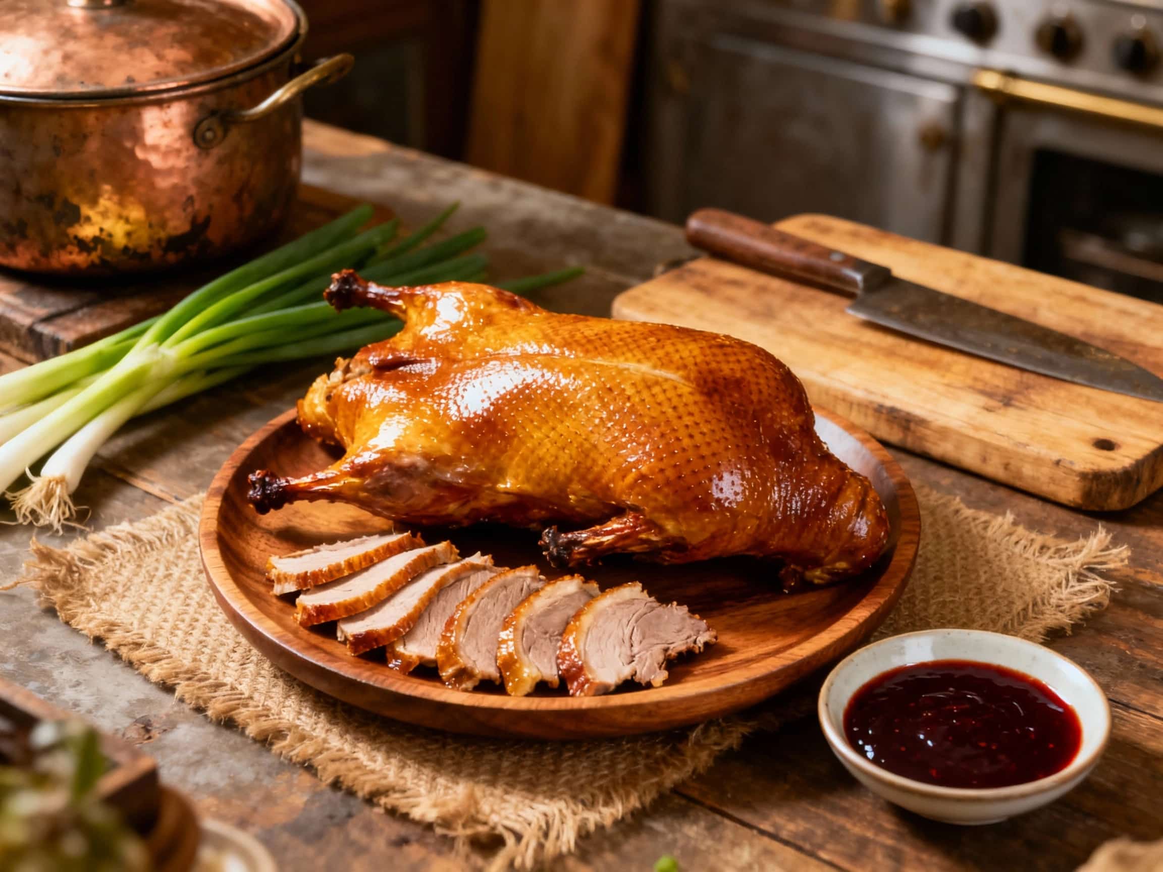 A glistening, perfectly roasted Peking duck is presented whole on a platter, its deep mahogany skin crackling with rendered fat, ready to be carved.