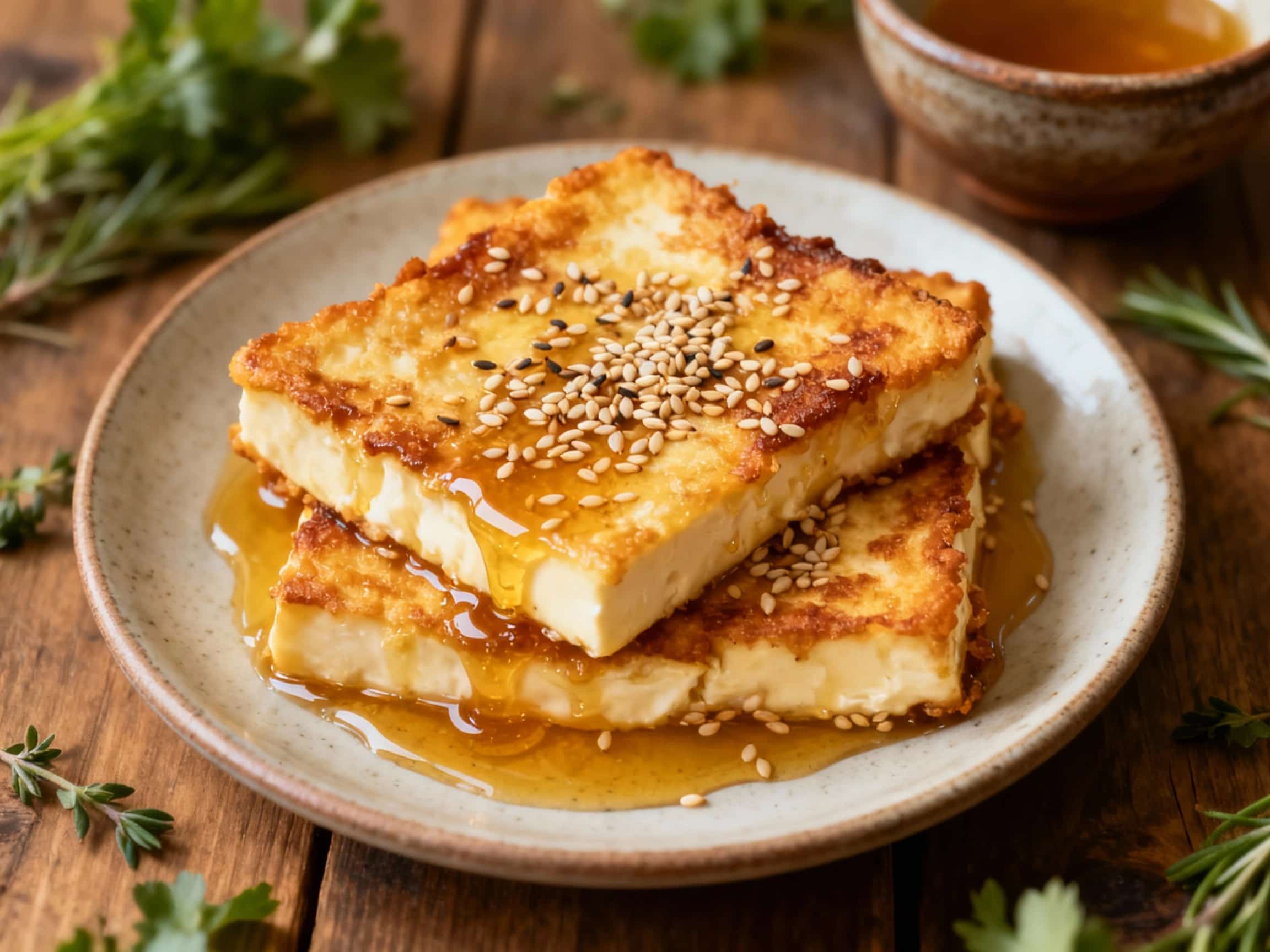A bubbling, golden-brown wedge of fried cheese is drizzled with honey and sprinkled with sesame seeds, creating a warm and inviting appetizer.