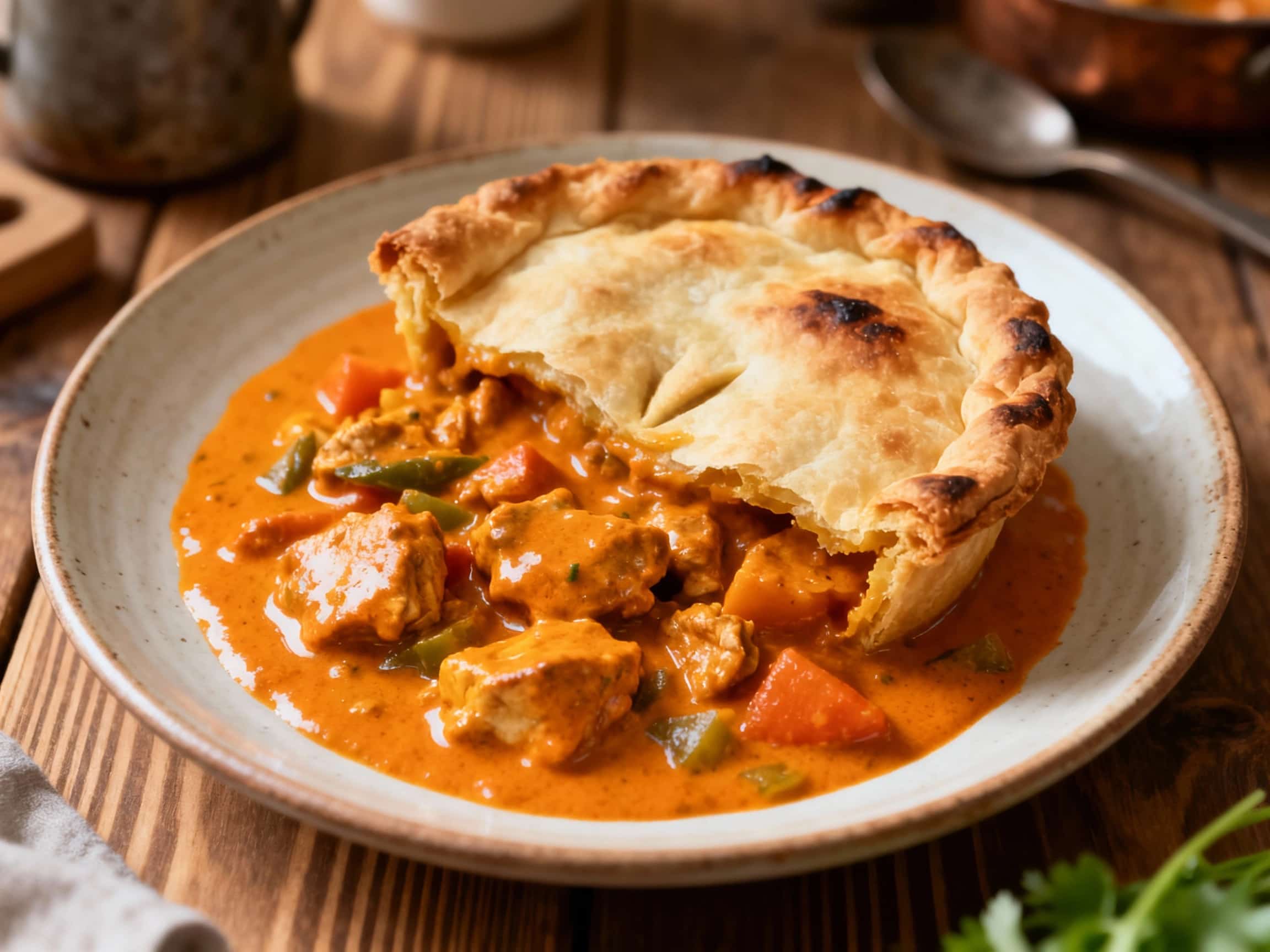An inviting Indian Butter Chicken Pot Pie sits on a rustic wooden table, its golden-brown puff pastry crust perfectly puffed and flaky with steam gently rising. The pie fills the frame, showcasing the delicious texture. A small bowl of fresh green cilantro is visible, hinting at the aromatic flavors within. The scene conveys warmth, comfort, and the tantalizing aroma of a home-cooked meal.