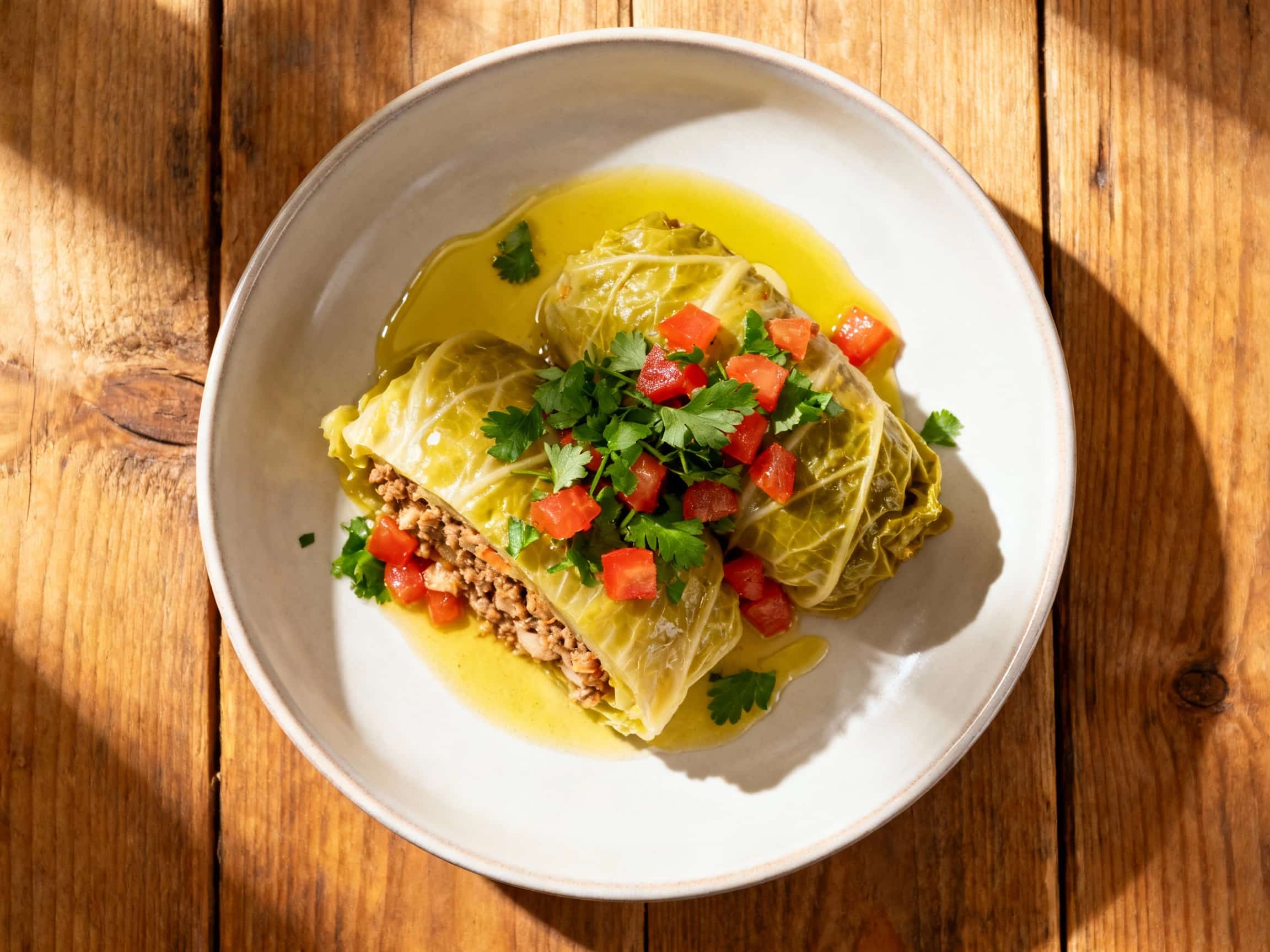 A golden-brown cabbage leaf parcel, glistening with olive oil, rests invitingly on a white plate, hinting at the savory vegetable and rice filling within.