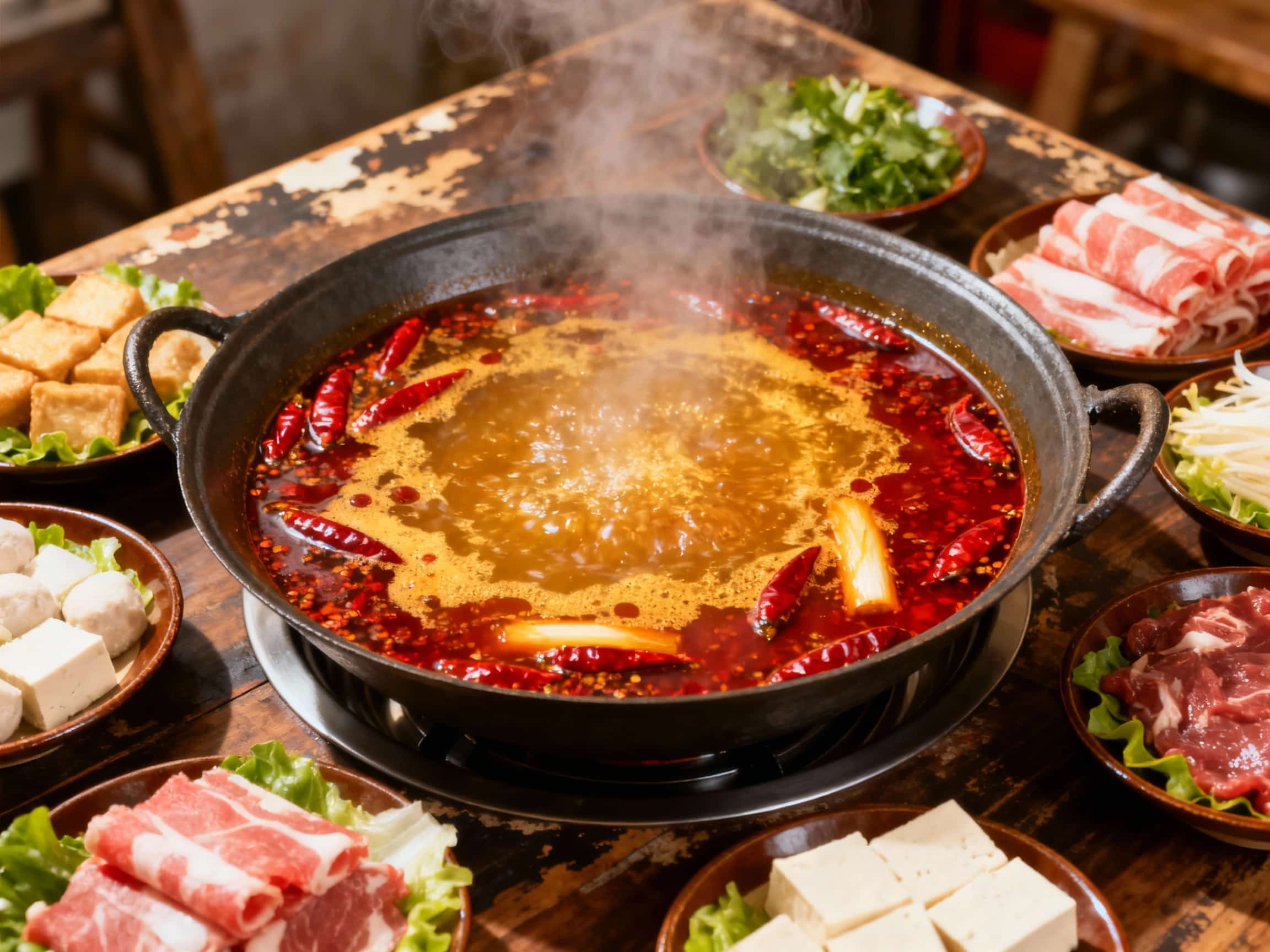 A close-up shot shows individual servings of a spicy broth, steaming gently in small white bowls, topped with fresh green cilantro and chili slices for a vibrant contrast.