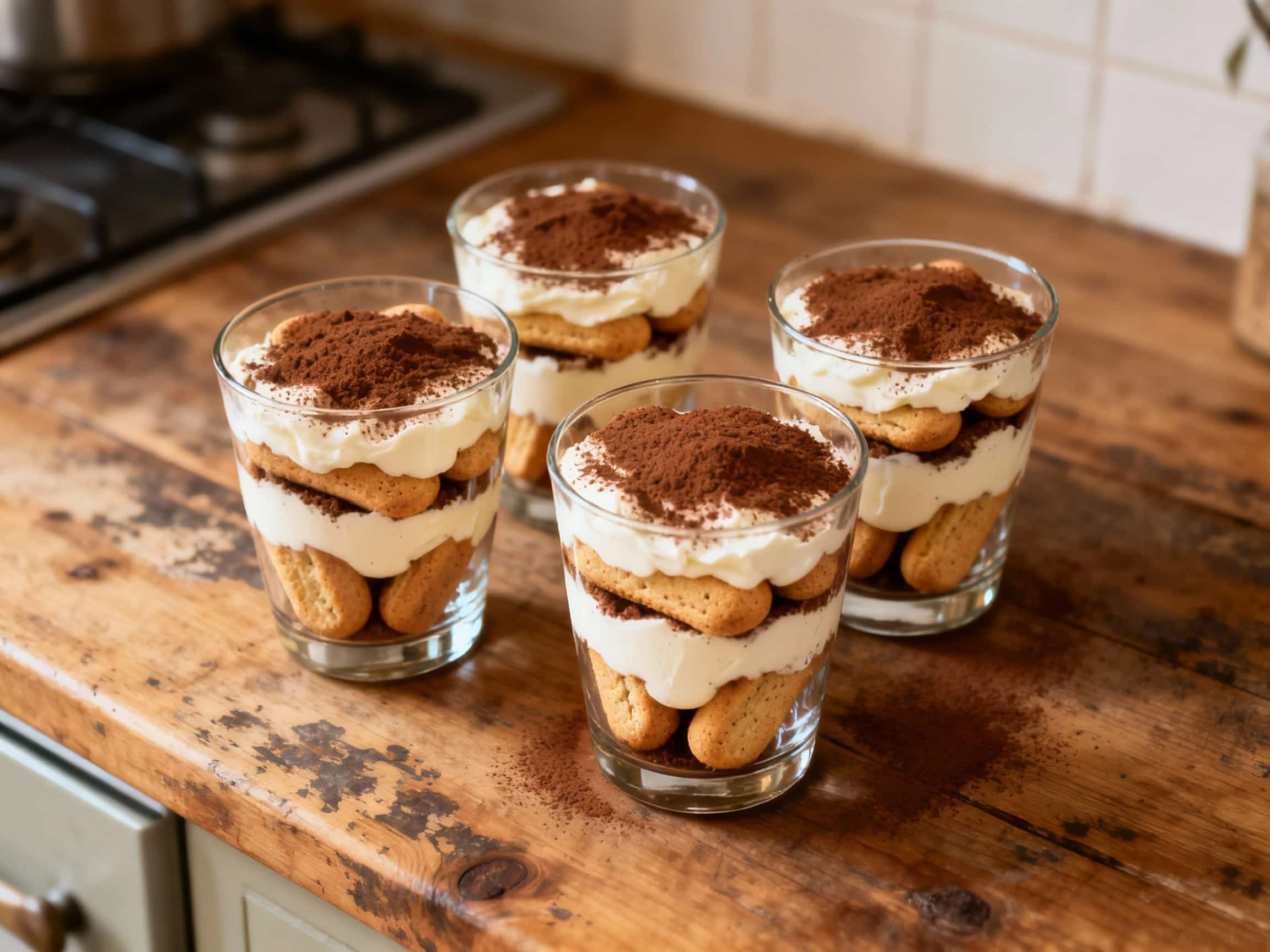 Creamy, layered tiramisu is artfully spooned into individual glasses, topped with a dusting of cocoa powder and delicate chocolate shavings for a sophisticated dessert presentation.