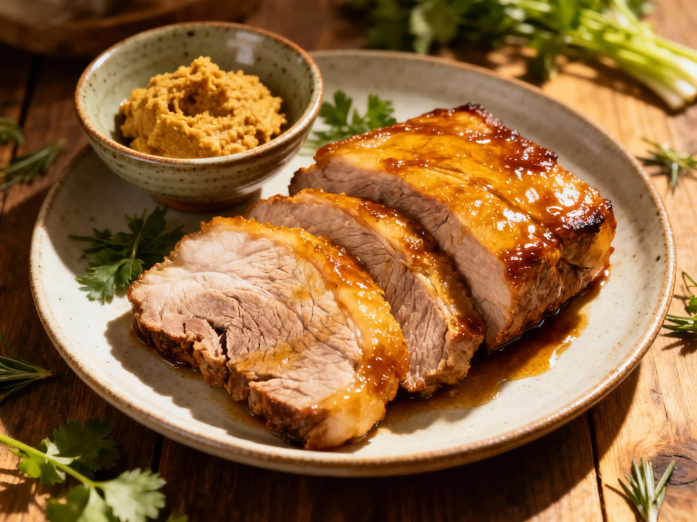 A thick slice of Japanese miso-glazed pork roast sits on a dark plate, glistening with a rich, dark glaze and garnished with vibrant green scallions.