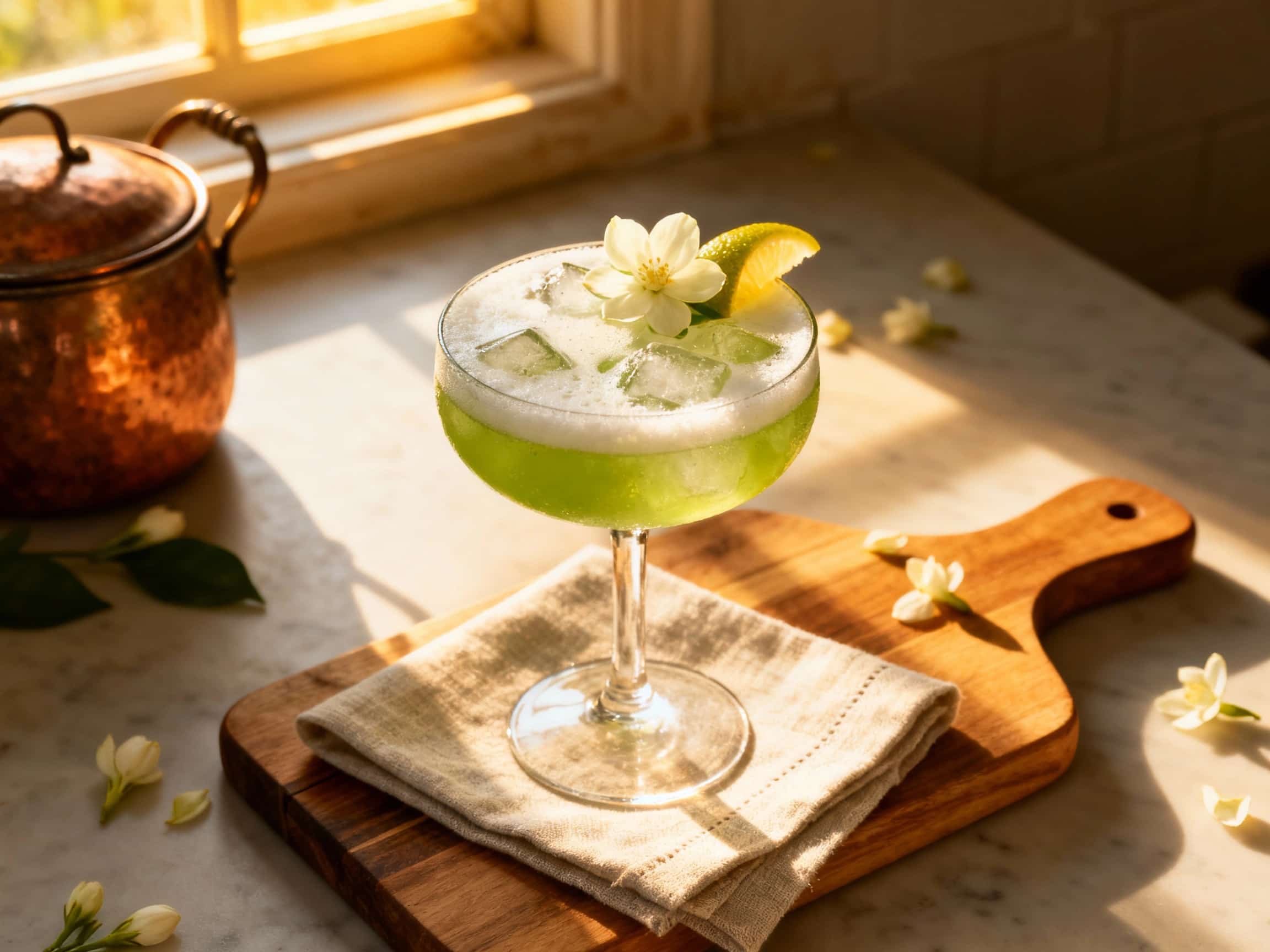 A refreshing Jasmine Green Tea Gin Smash served in a clear rocks glass, filled with a pale green cocktail and ice cubes. A vibrant sprig of fresh mint and a delicate lime wheel garnish the drink, sitting on a light, subtly textured surface. The image exudes a sophisticated and cool ambiance, perfect for a relaxing moment.
