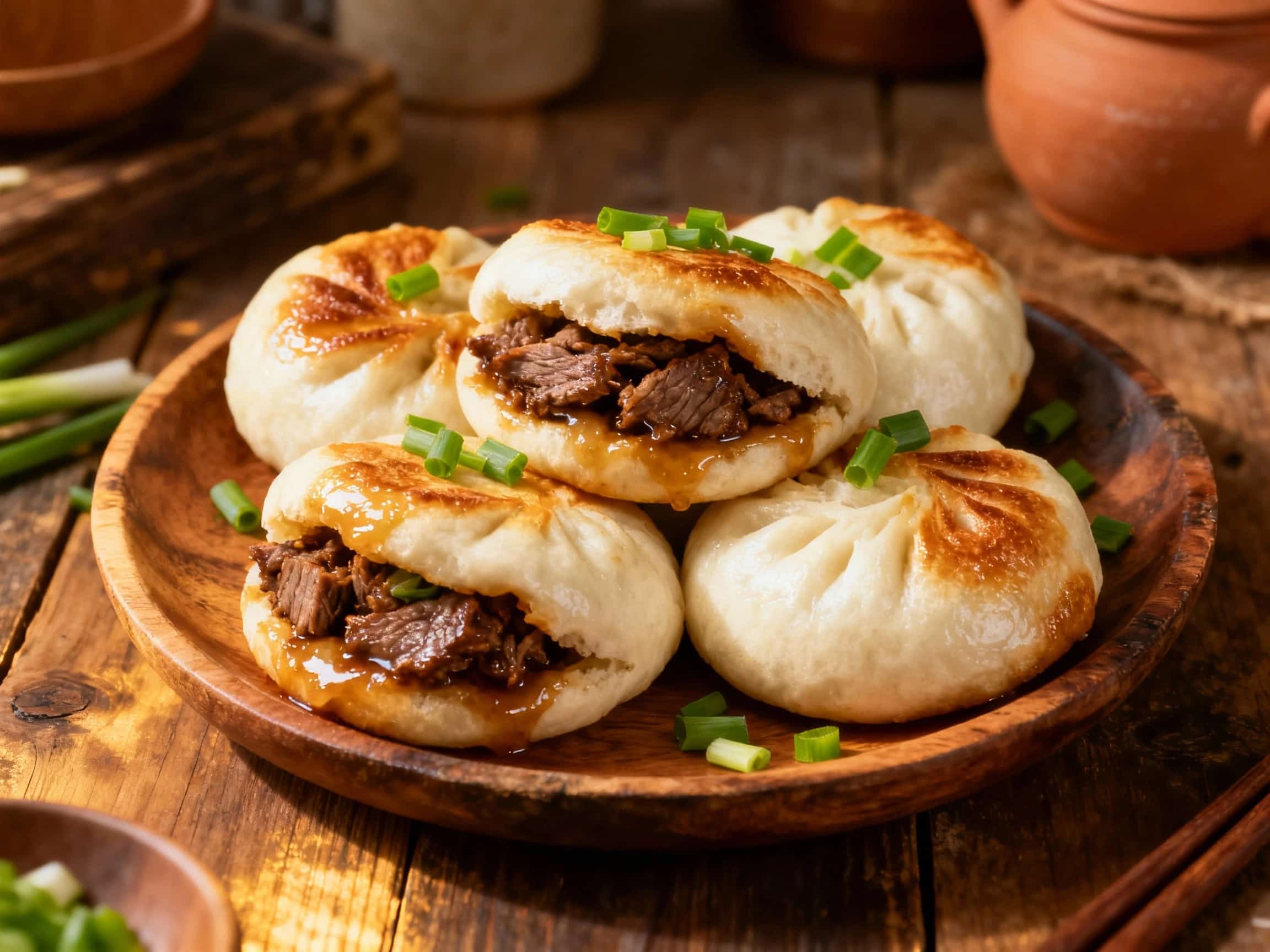 Several fluffy, white Kalbi Beef Stuffed Steamed Buns are arranged on a ceramic platter, with some buns gently opened to show the savory, dark brown kalbi beef filling inside. The buns are garnished with green onions and sesame seeds, resting on a rustic wooden table, illuminated by soft natural light.