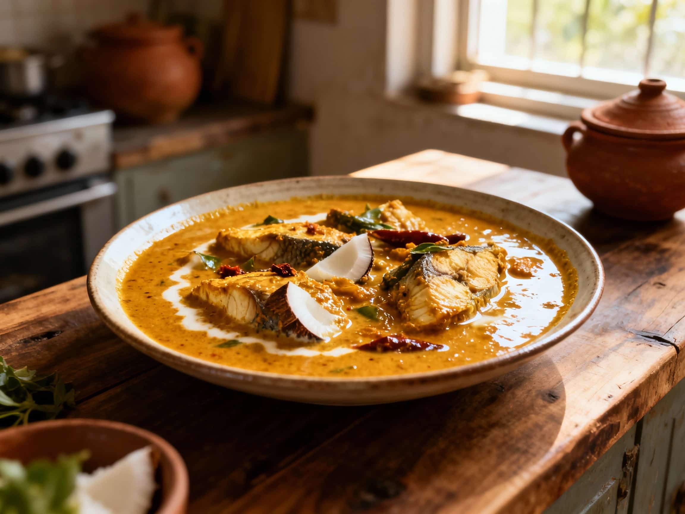 A close-up of a steaming bowl of Kerala Style Fish Moilee Stew. Tender white fish pieces, brightly colored bell peppers, and sliced green chilies are swimming in a creamy, turmeric-yellow coconut broth. The stew is garnished with fresh green cilantro and a bright lime wedge. The presentation looks inviting against a rustic wooden surface, highlighting the warmth and freshness of this traditional S