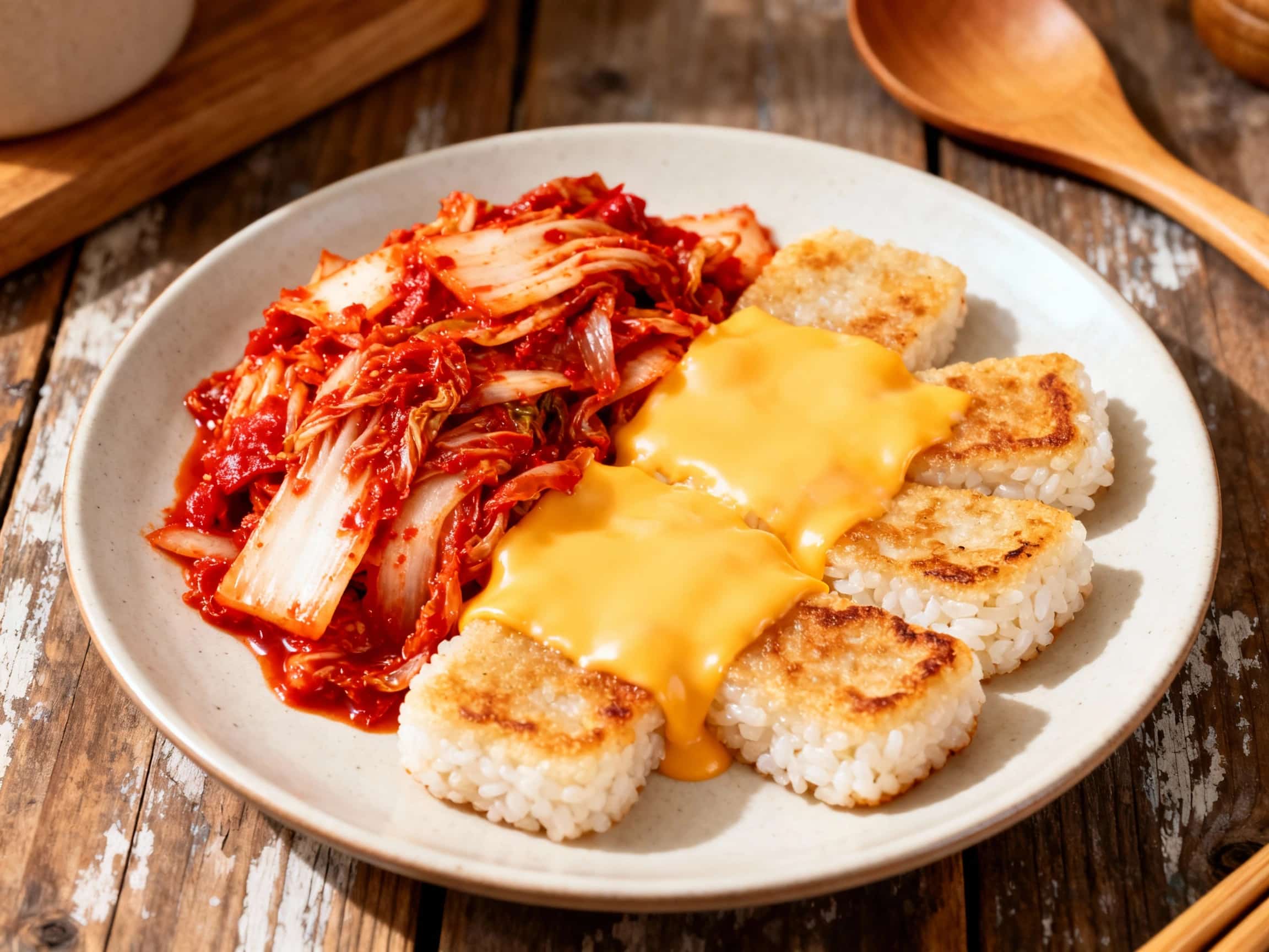 A close-up view of golden-brown Kimchi and Cheese Rice Cakes in a rustic cast iron skillet. Melted mozzarella and cheddar cheese form a gooey topping over the chewy rice cakes and vibrant red kimchi. Fresh green scallions are sprinkled generously over the top. The dish is presented on a simple wooden surface, radiating warmth and comfort, highlighting the appetizing textures and colors that make i