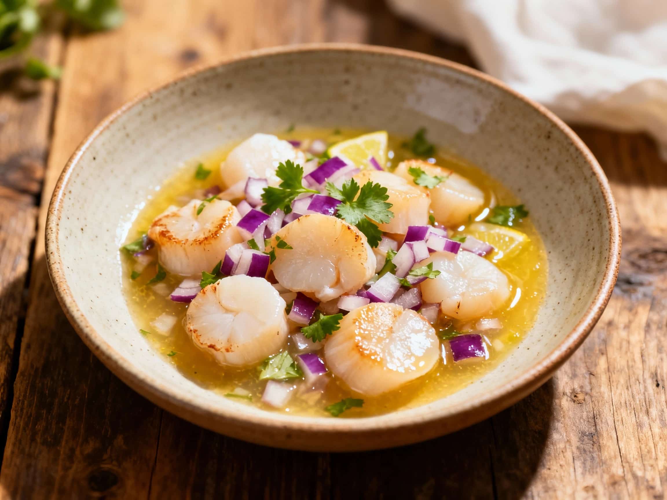 Vibrant red kinako and plump, white scallops are artfully arranged in a clear bowl, glistening with citrus juices and garnished with fresh cilantro and slivers of red chili.